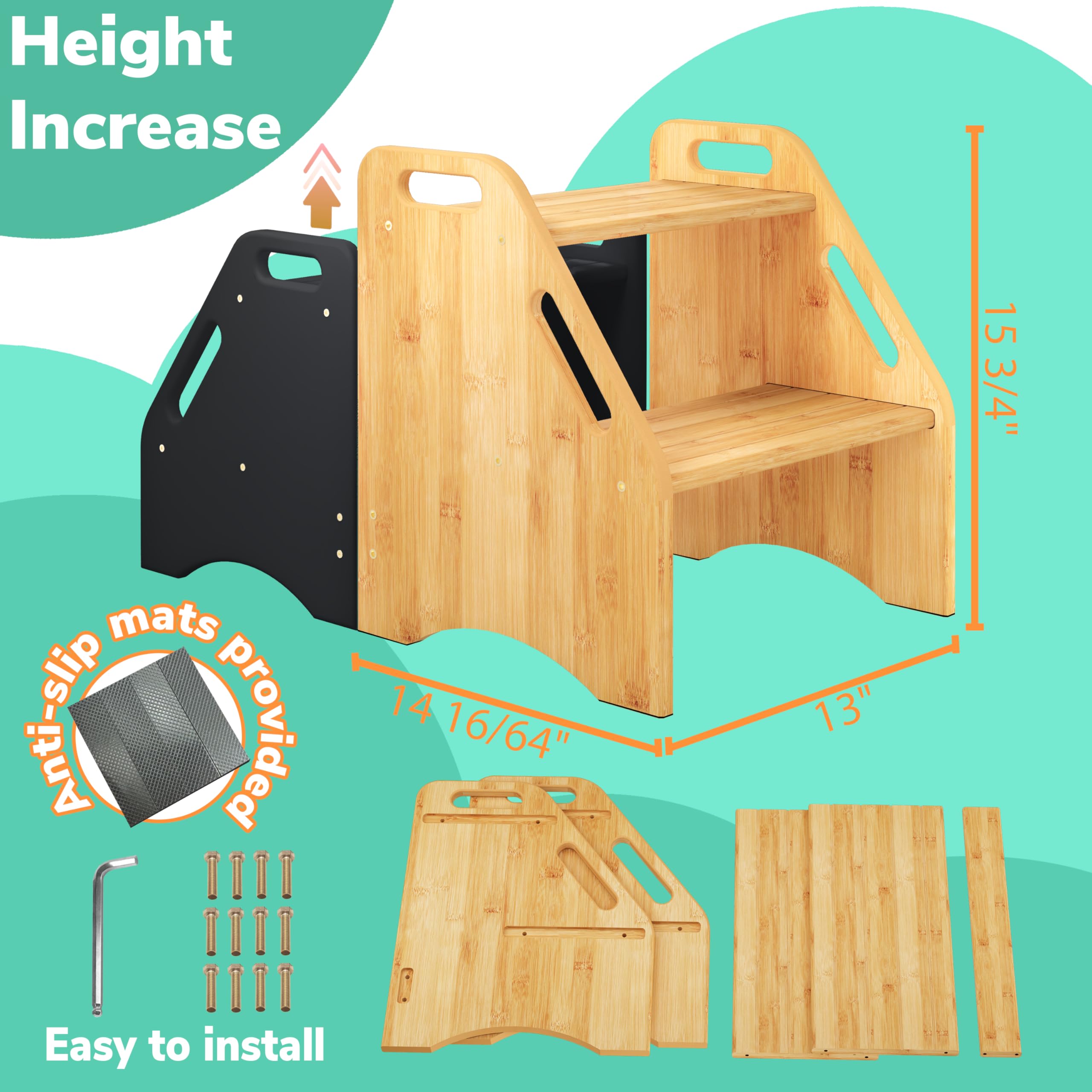 AMBIRD wooden step stool non-slip pads prevent slipping during kitchen or bathroom use.