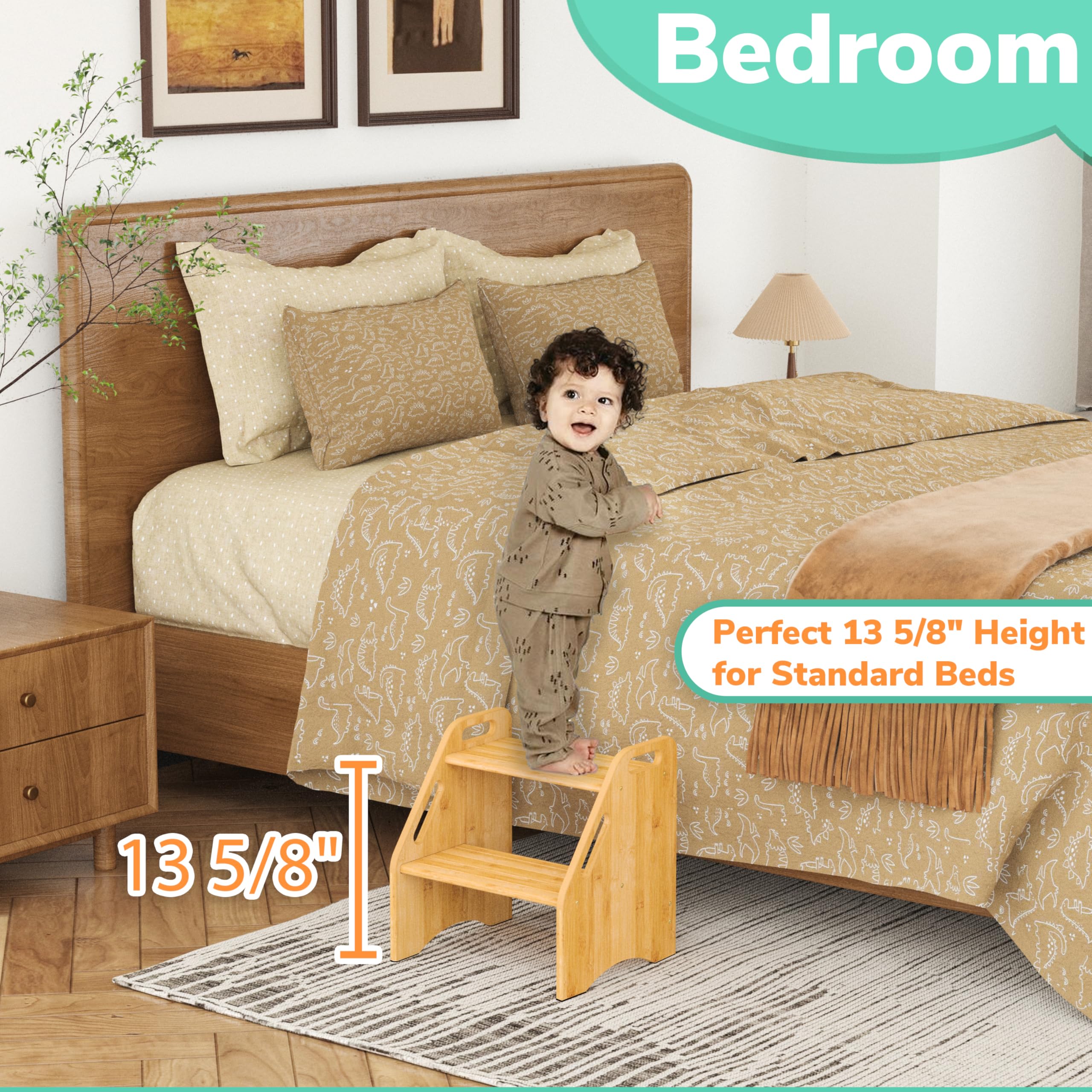 AMBIRD wooden step stool side with handles emphasizes easy gripping and safety.
