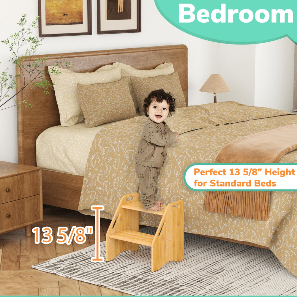 AMBIRD wooden step stool side with handles emphasizes easy gripping and safety.