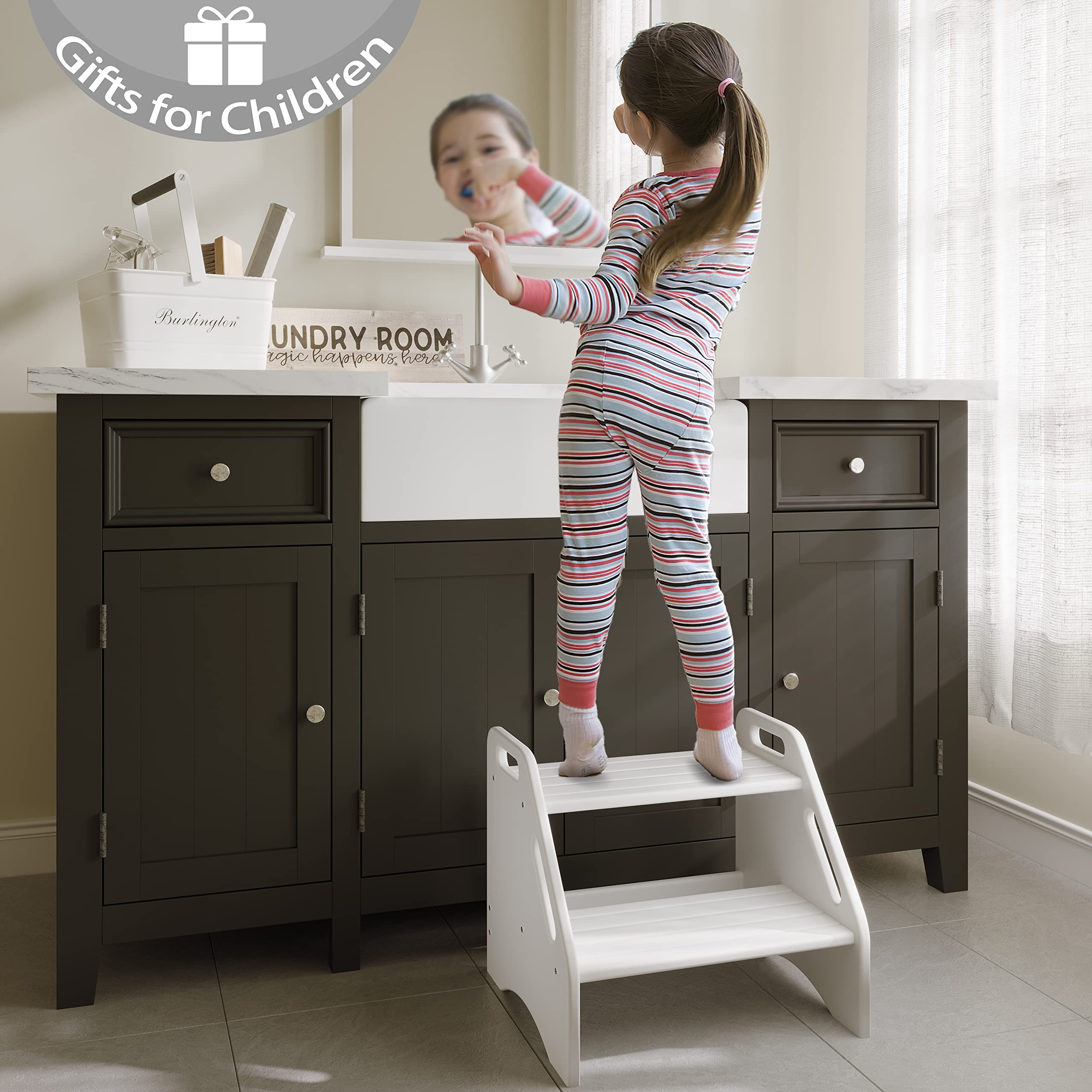 AMBIRD wooden two-step stool handles-side-view explains easy child-assisted stepping