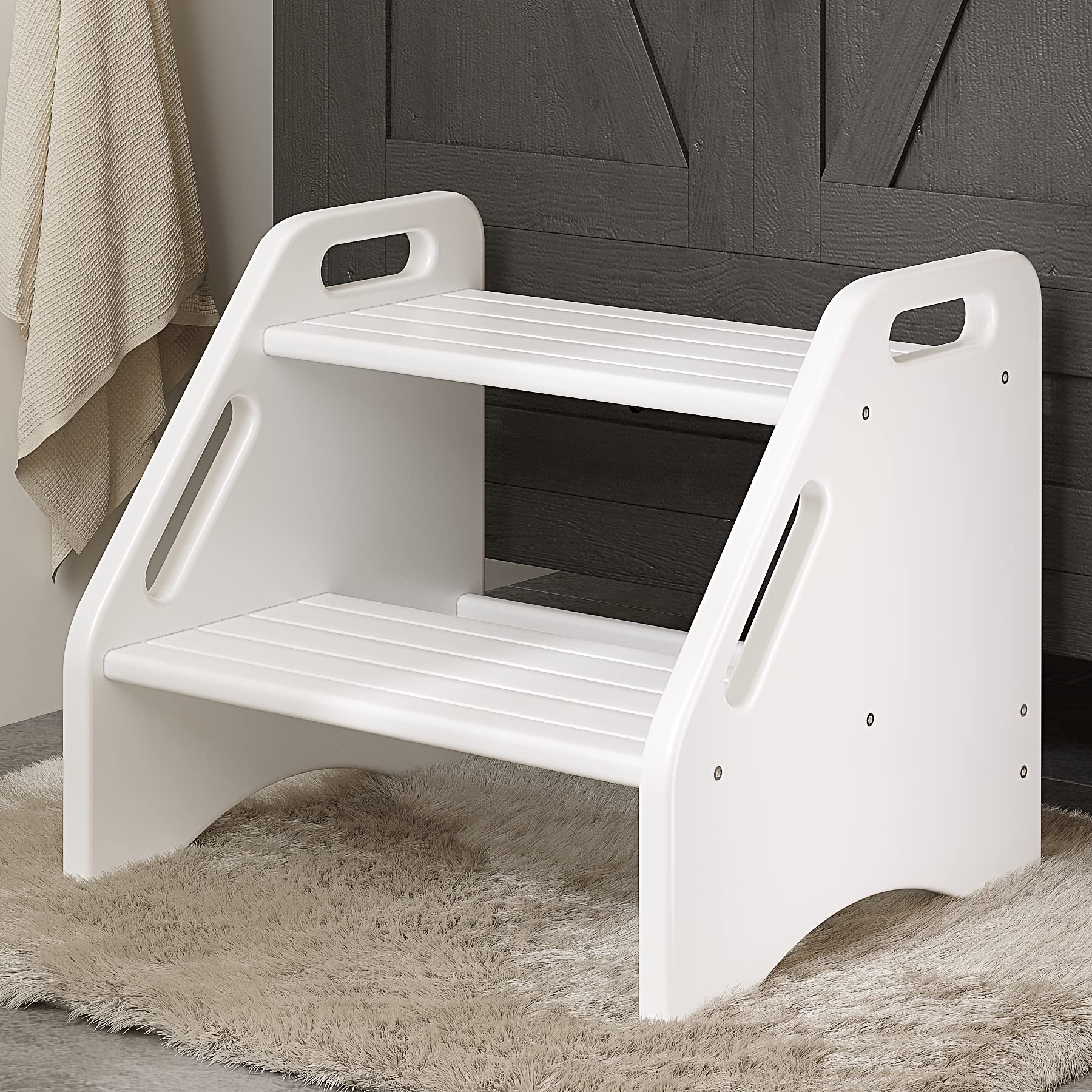 AMBIRD wooden two-step stool white front view demonstrates sturdy design for safe bathroom and kitchen use