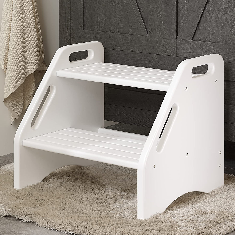 AMBIRD wooden two-step stool white front view demonstrates sturdy design for safe bathroom and kitchen use