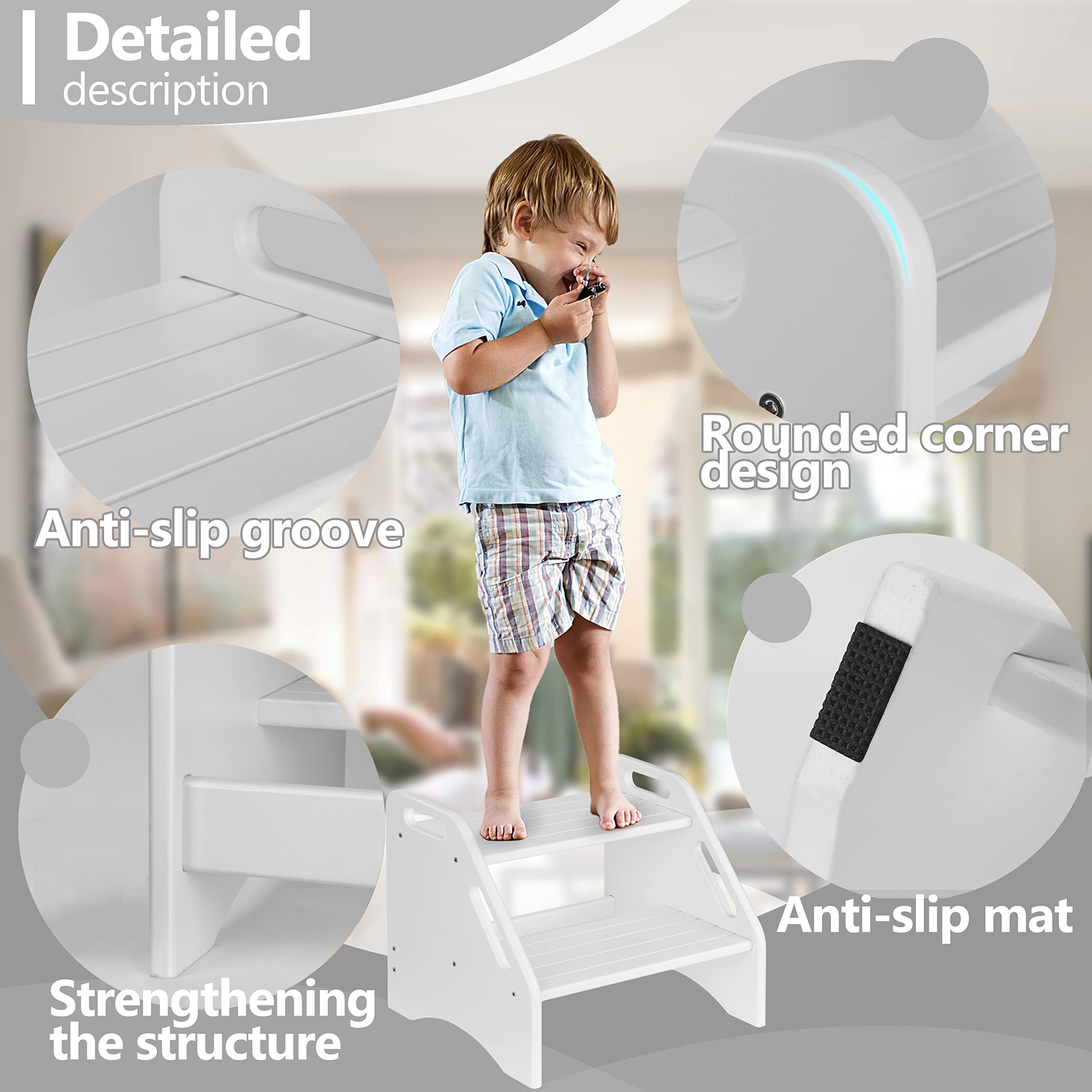 AMBIRD wooden two-step stool white side view highlights stable footprint for kids