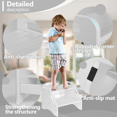 AMBIRD wooden two-step stool white side view highlights stable footprint for kids