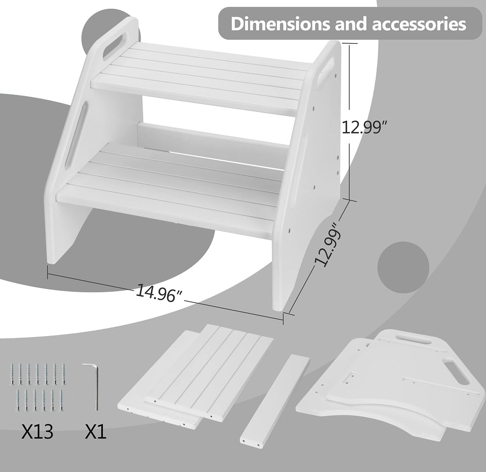 AMBIRD wooden two-step stool white top view shows non-slip top and easy-grip handles