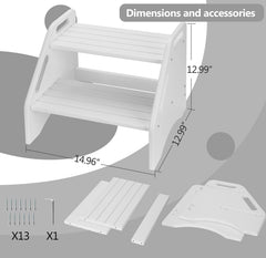 AMBIRD wooden two-step stool white top view shows non-slip top and easy-grip handles