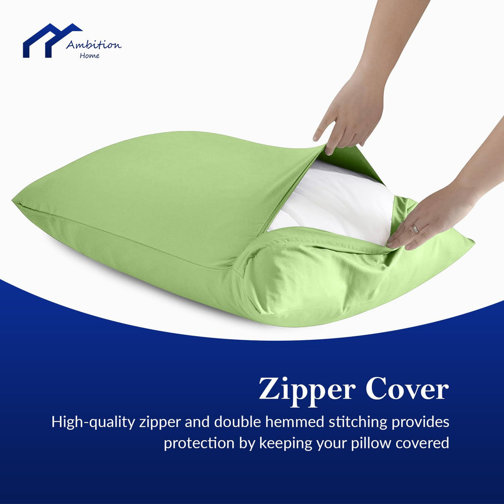 Ambition Home travel pillow cover in sage with zipper closure for secure pillow fit.