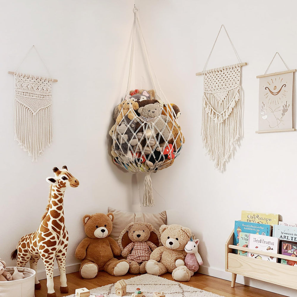 Amdermi corner hanging net plush display highlights compact, versatile storage for kid rooms