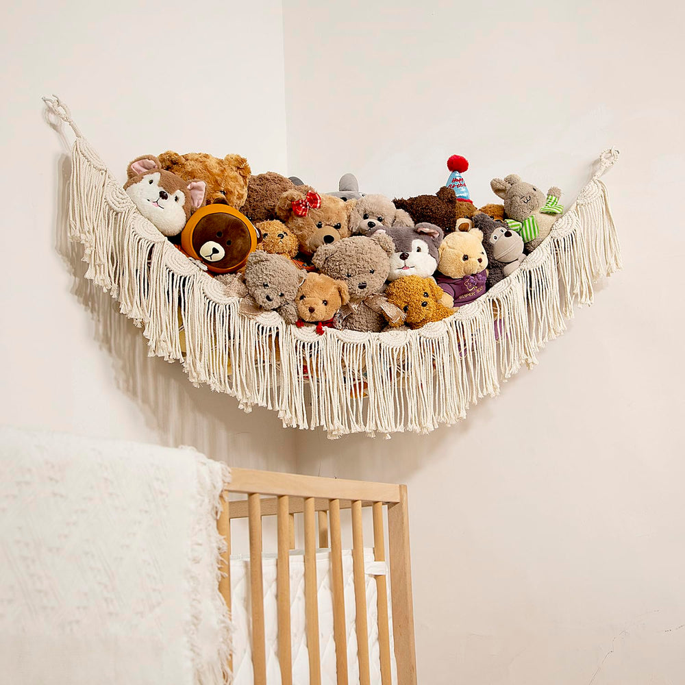 Amdermi cotton cord hammock brightening a nursery while organizing stuffed animals