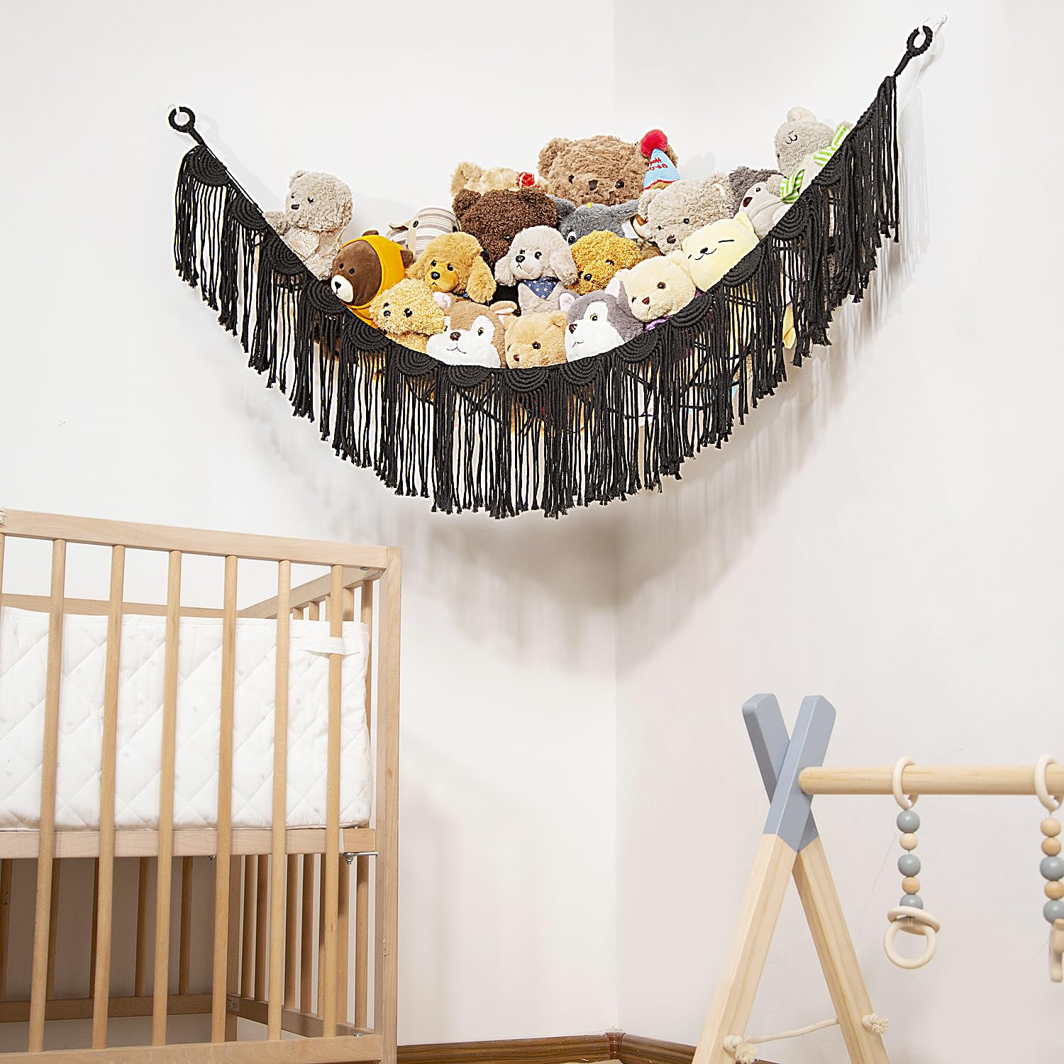 Amdermi daughter gift macrame toy hammock presents a stylish, practical playroom storage solution.