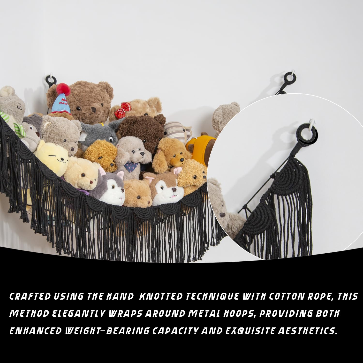 Amdermi eco-friendly cotton macrame hammock offers safe materials and sturdy steel rings for durable toy storage.