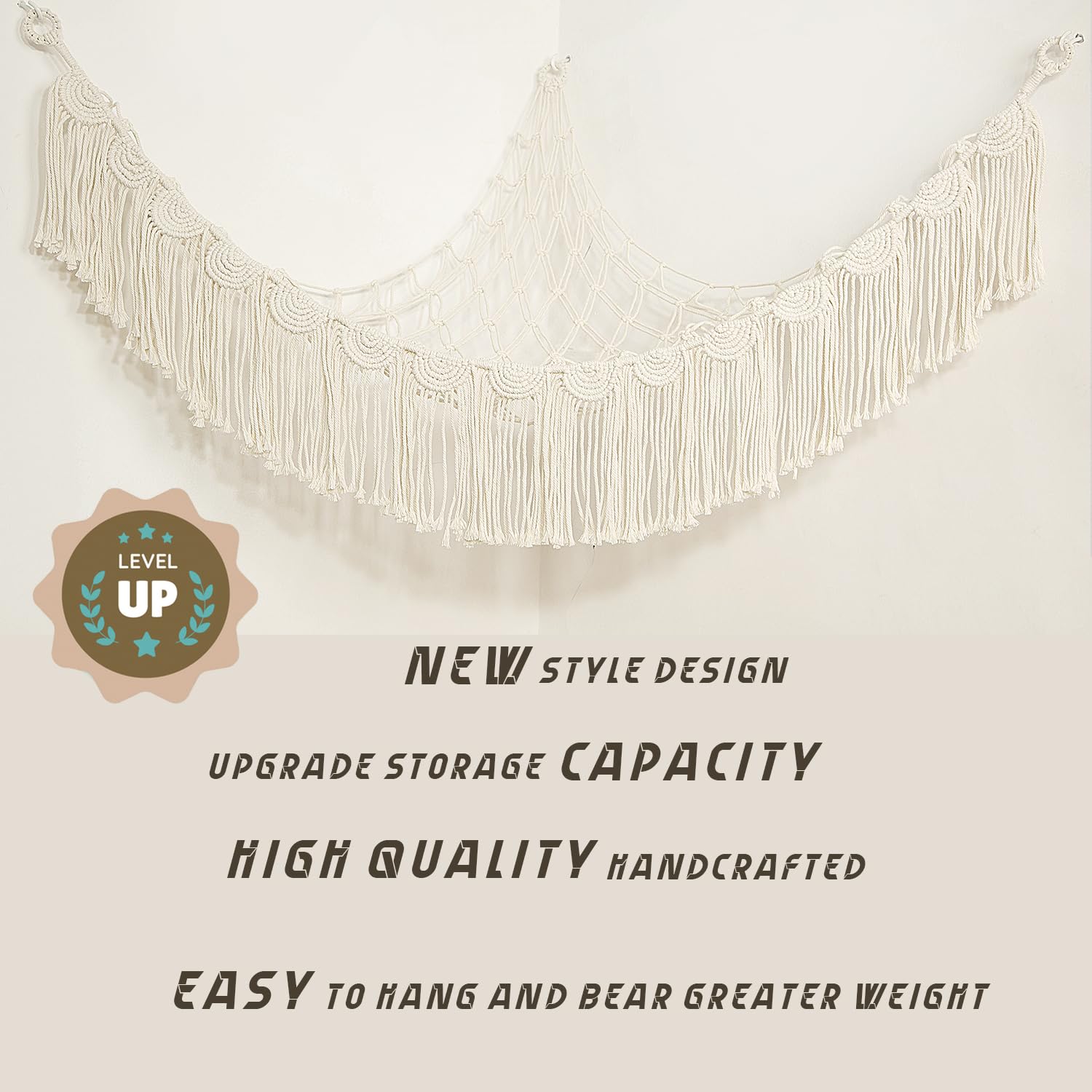 Amdermi macrame toy hammock with tassels highlighting decorative organization