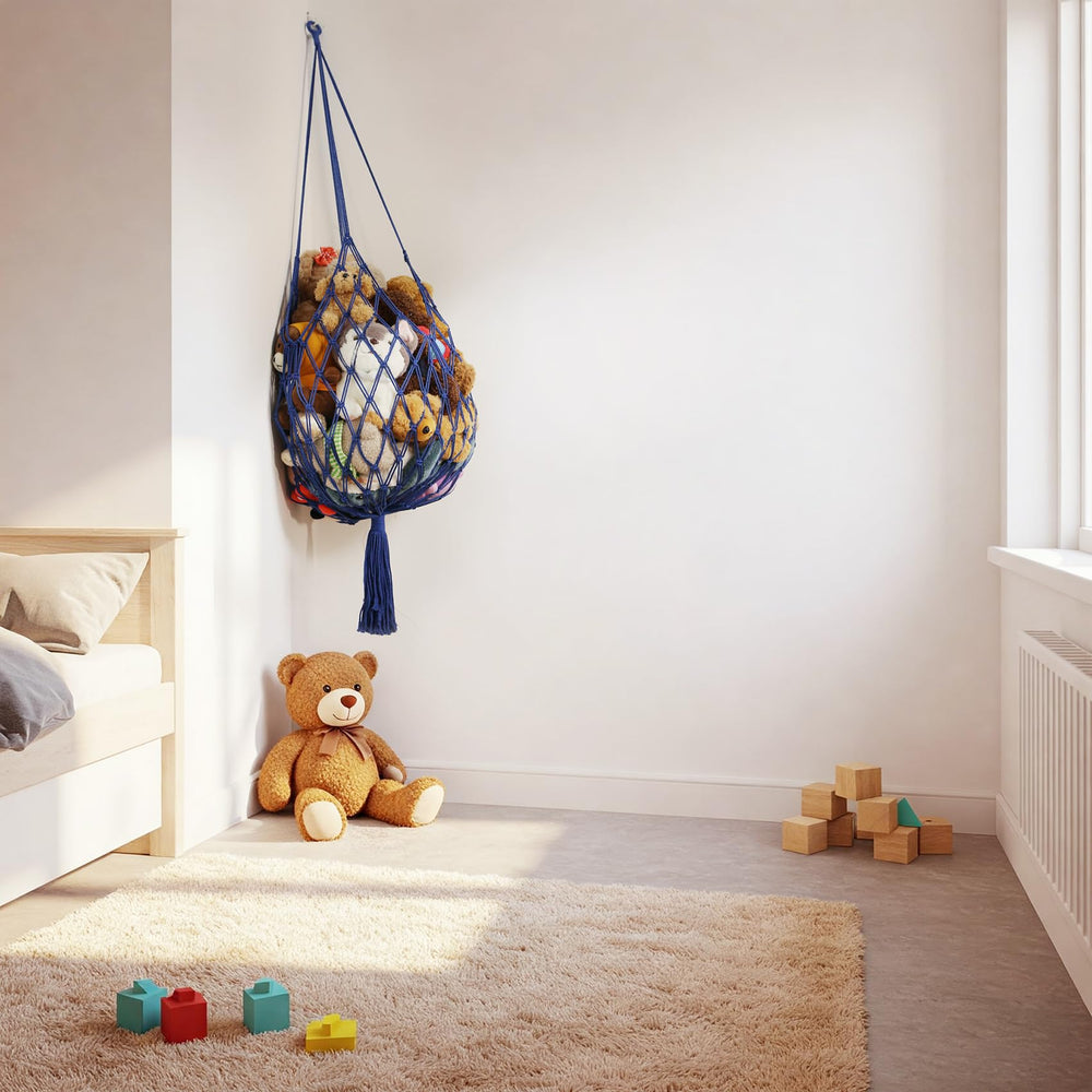 Amdermi stuffed animal hammock blue corner hang demonstrates easy ceiling installation
