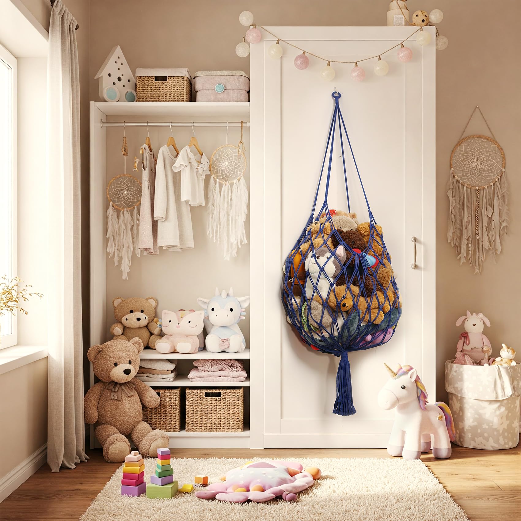 Amdermi stuffed animal hammock blue toy storage displayed with plush collection
