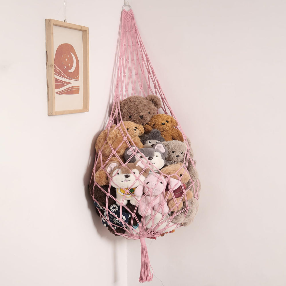Amdermi stuffed animal hammock light pink corner-view highlighting space-saving design.