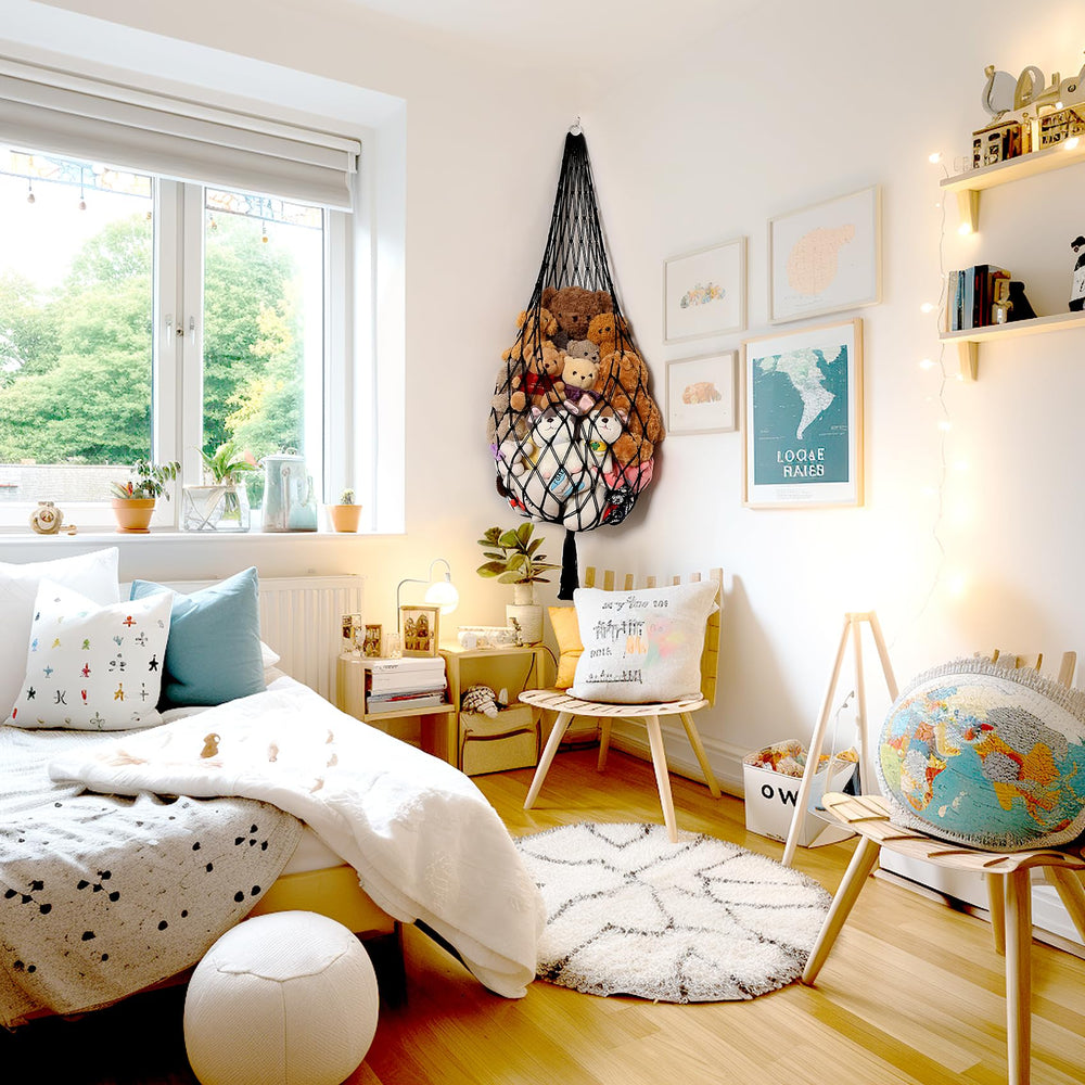 Amdermi stuffed animal hammock multi-purpose-storage stores pillows, towels, clothes.