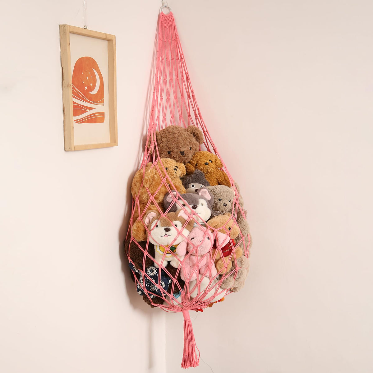 Amdermi stuffed-animal-net corner hammock pink showing space-saving storage for plush toys