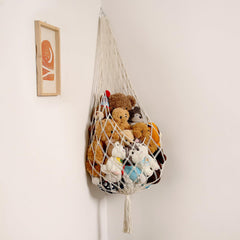 Amdermi stuffed animal storage hammock in cream wall display saves space