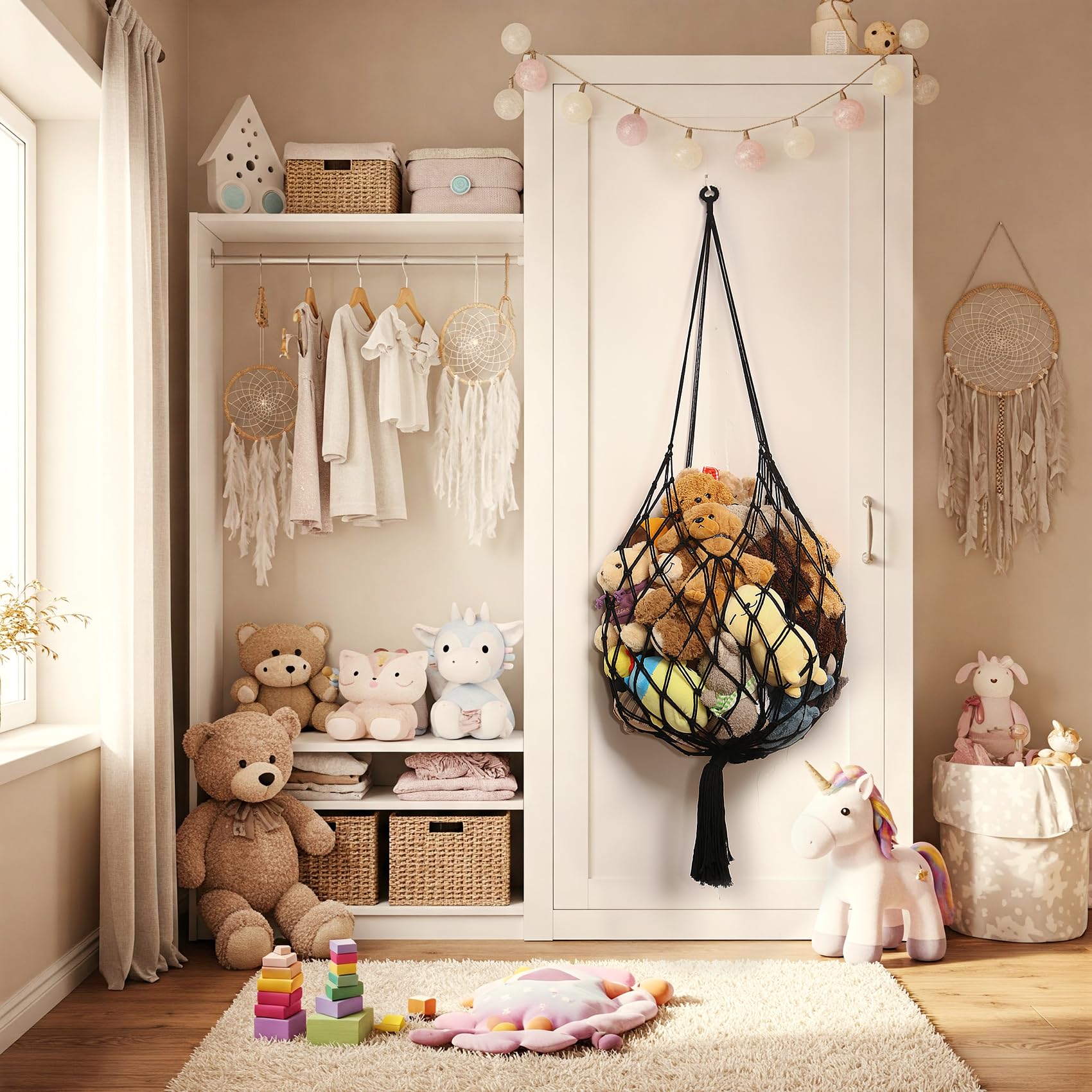 Amdermi boho nursery decor hammock adds style while tidying plush toys.