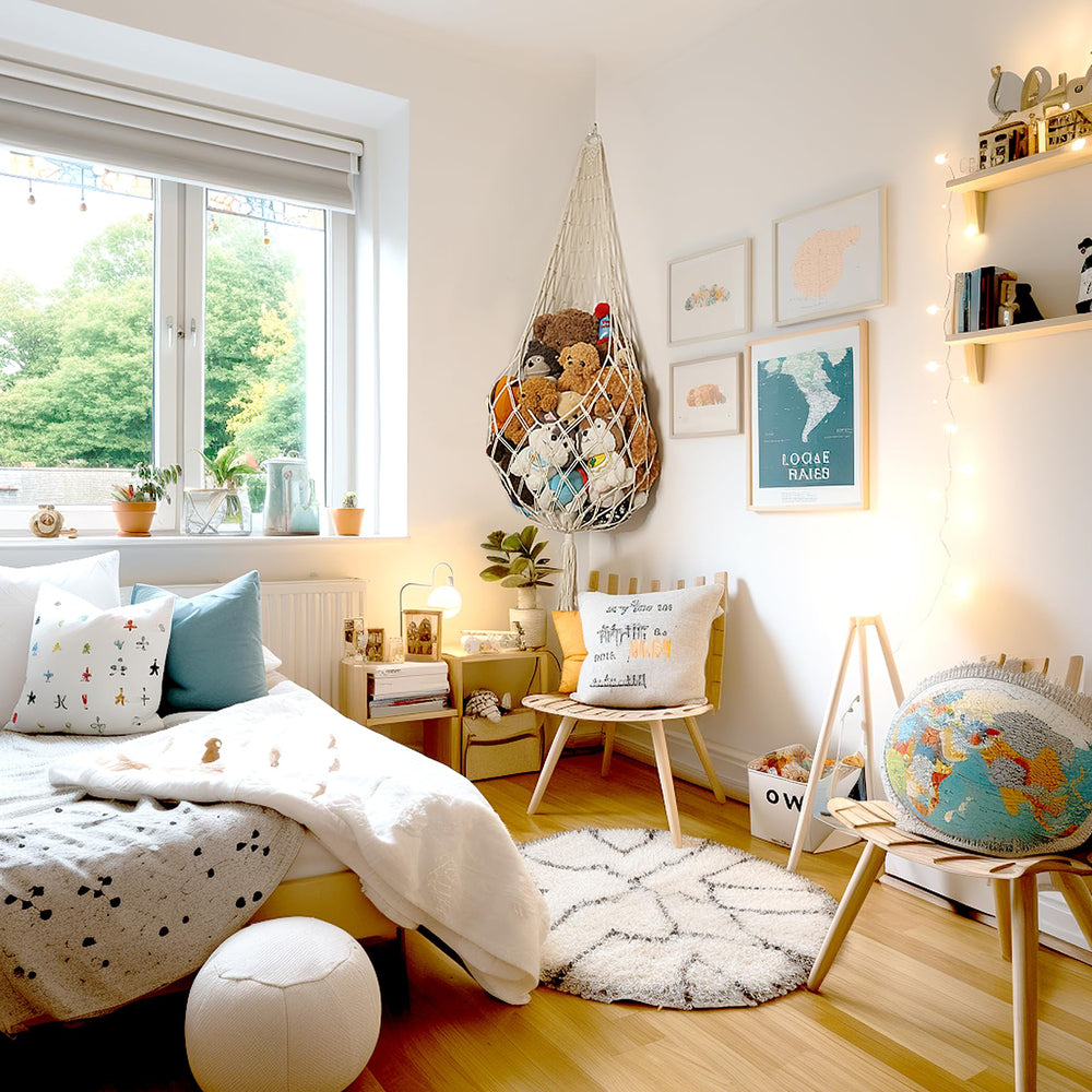 Cream Amdermi hammock blends with boho nursery decor.