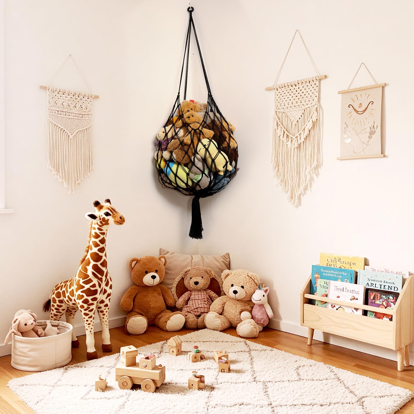 Amdermi hammock with water-drop design enhances room decor while organizing plush toys.