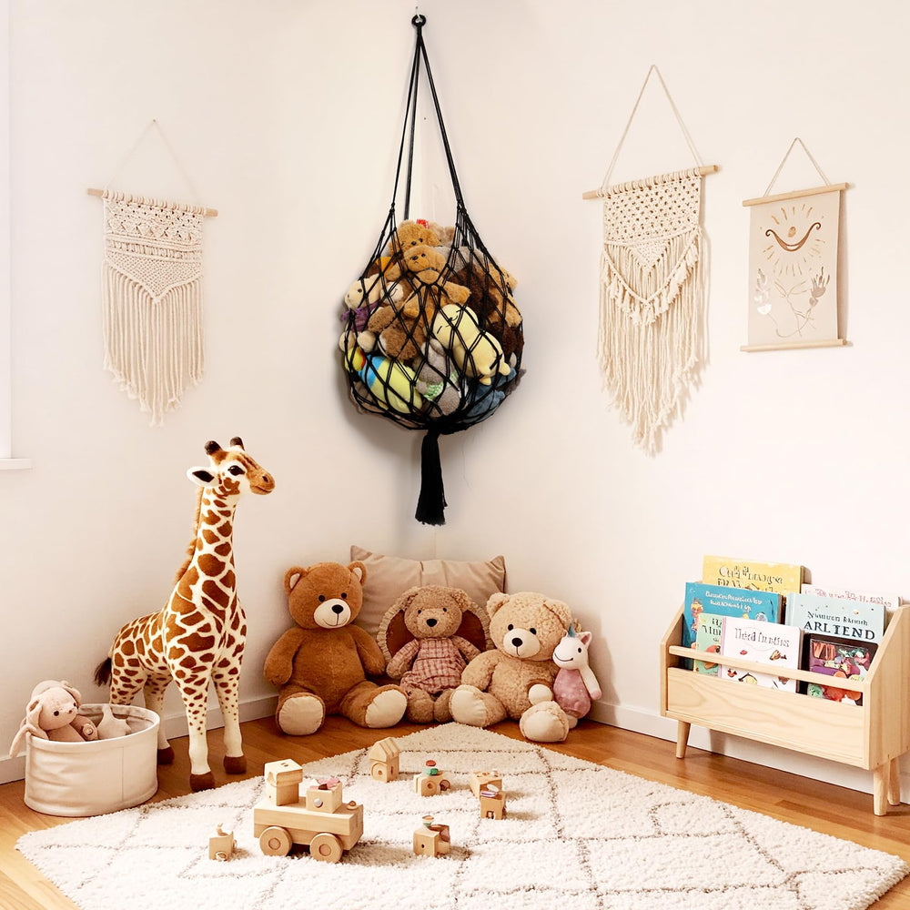 Amdermi hammock with water-drop design enhances room decor while organizing plush toys.