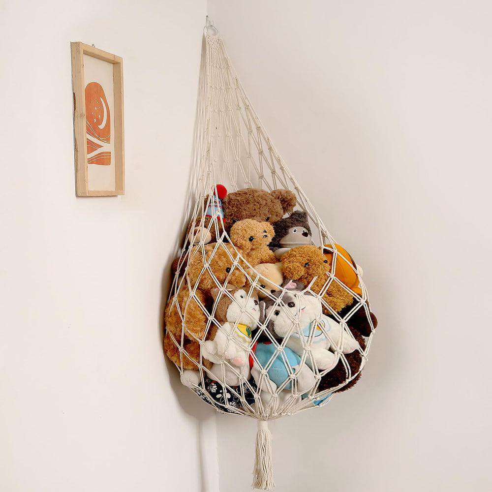 Amdermi XXL cream hammock overview highlighting space-saving design for plush toys.