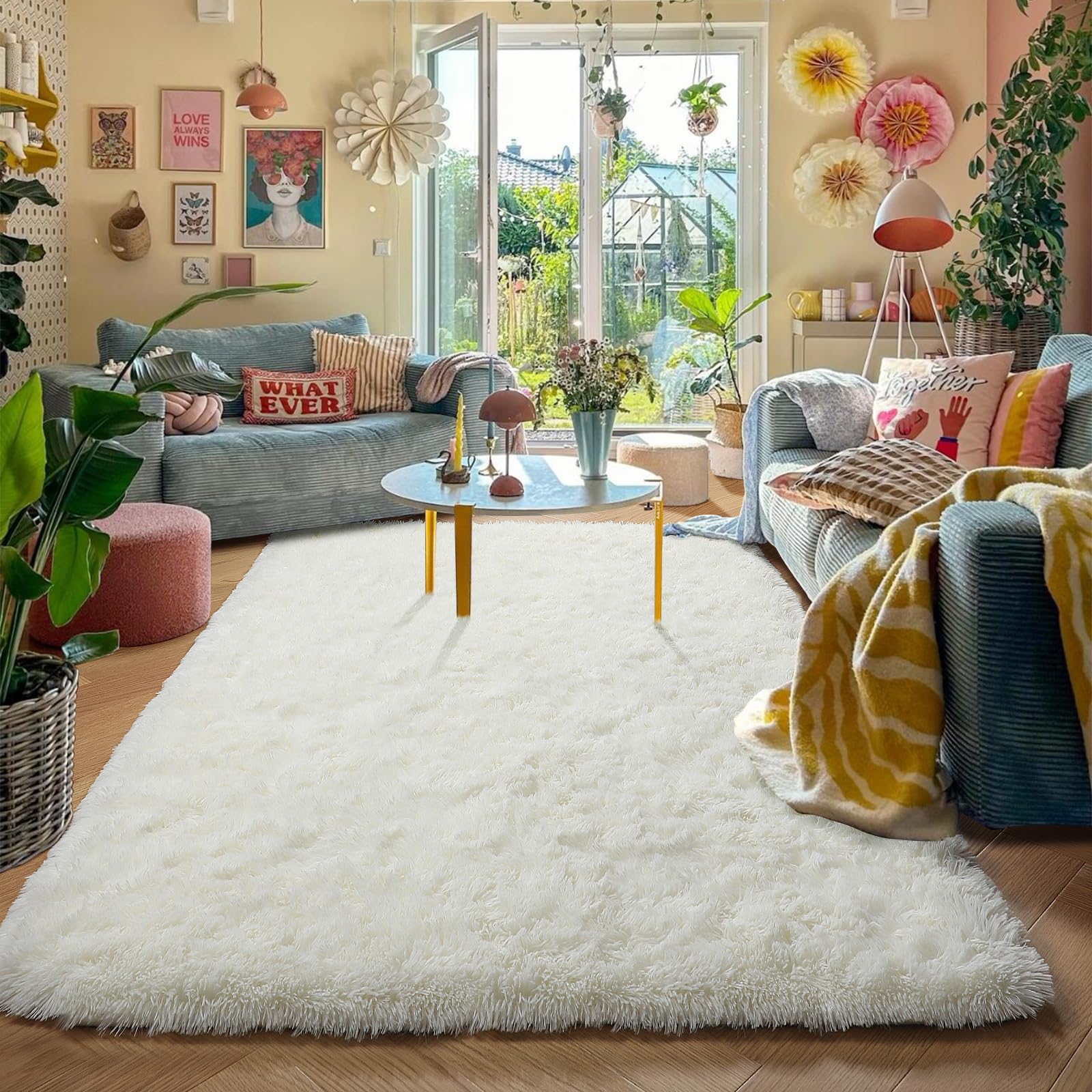 Amdrebio ivory white rug protects floors from scratches during play.