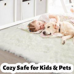 Amdrebio ivory white rug features thick pile for warm lounging and cuddling.