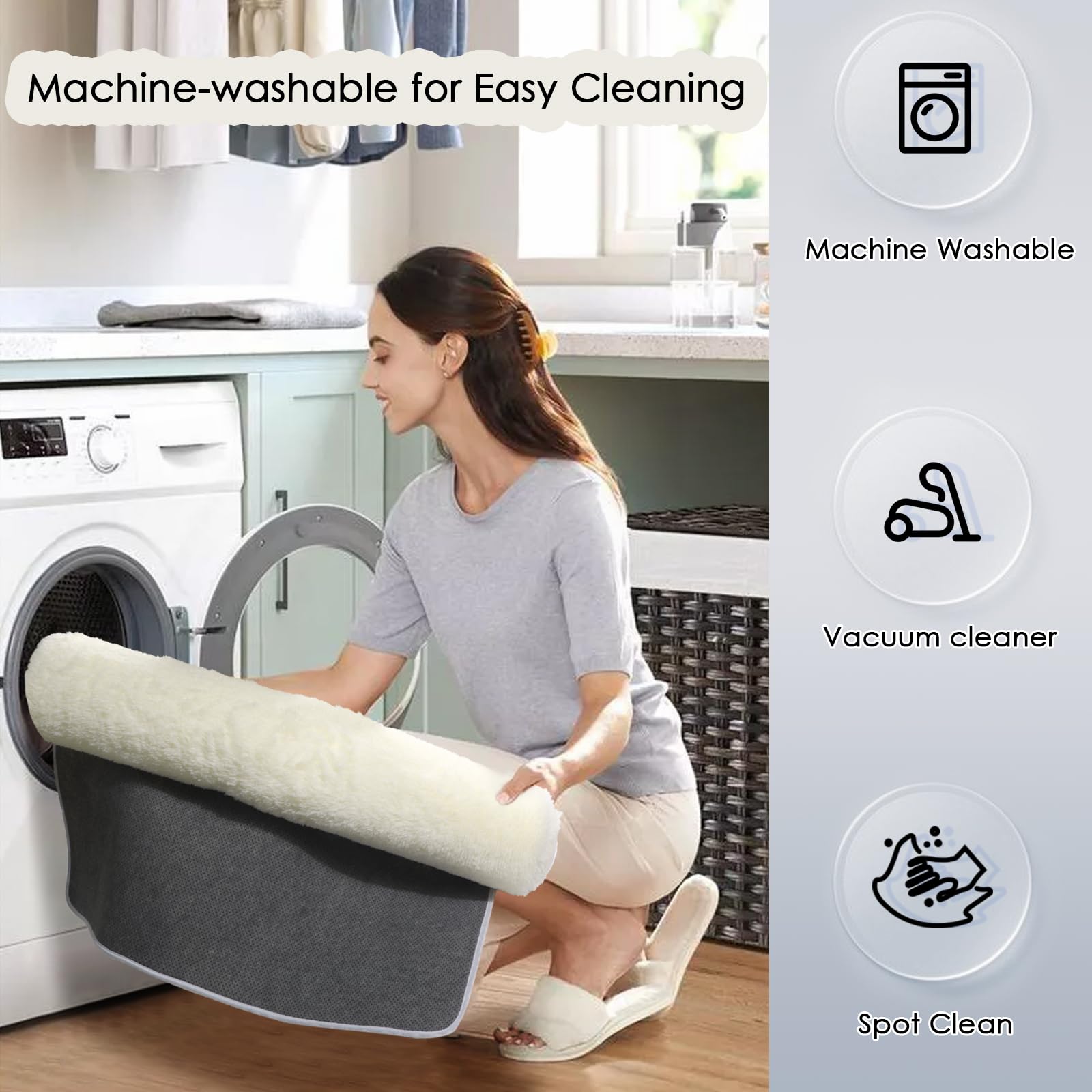 Amdrebio ivory white rug's non-slip rubber backing helps prevent slips.