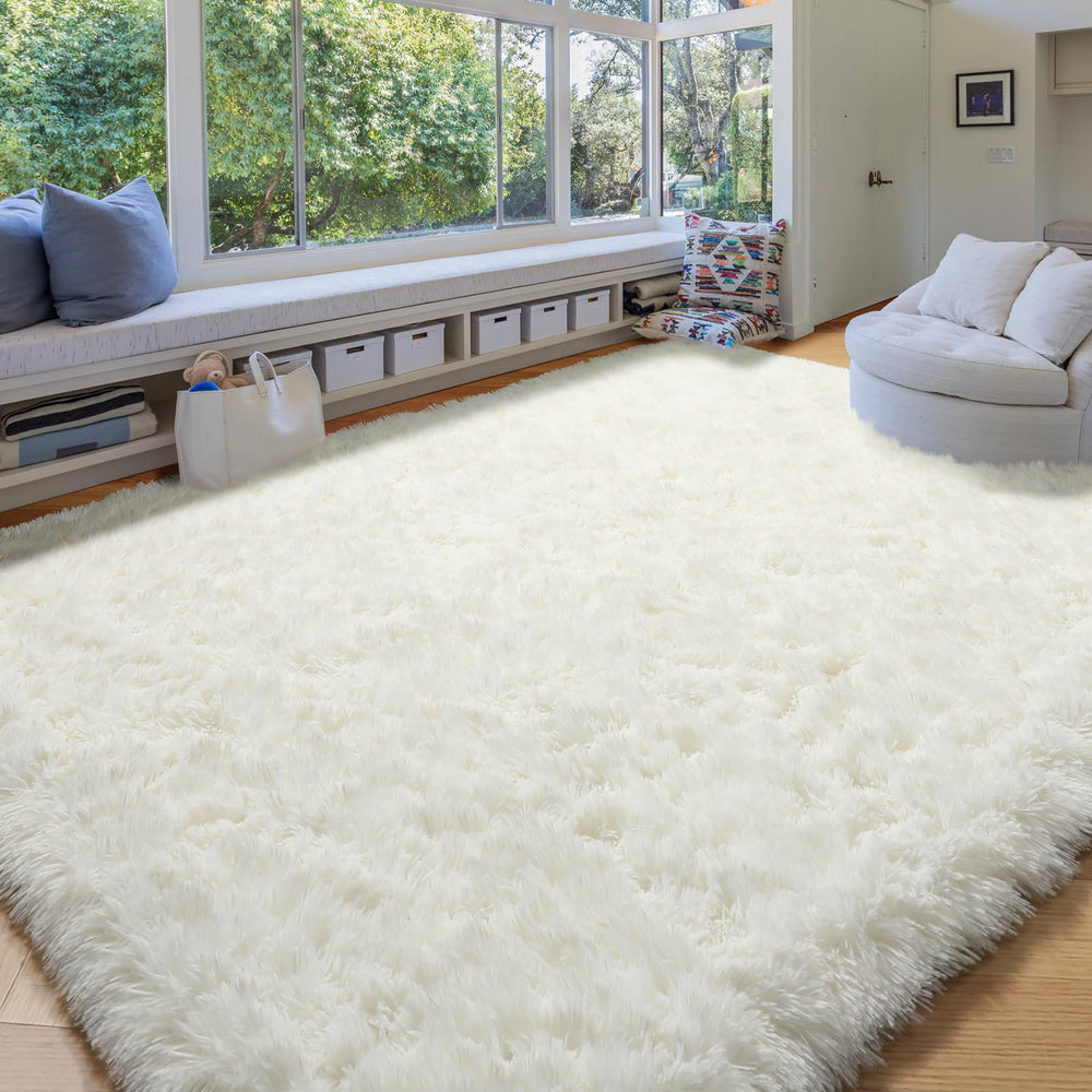 Amdrebio ivory white rug adds warmth and tactile comfort to nurseries and dorms.