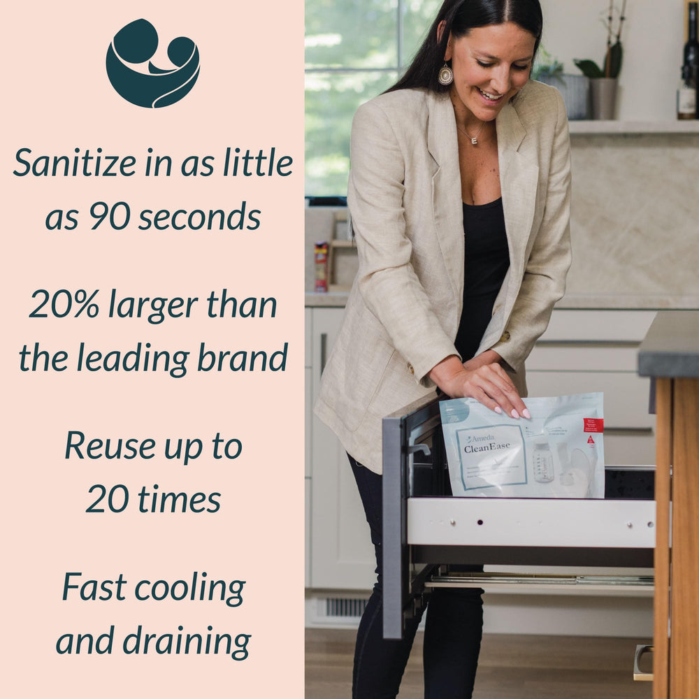 Ameda CleanEase bag-open-lid showing spill-free design for fast cooling