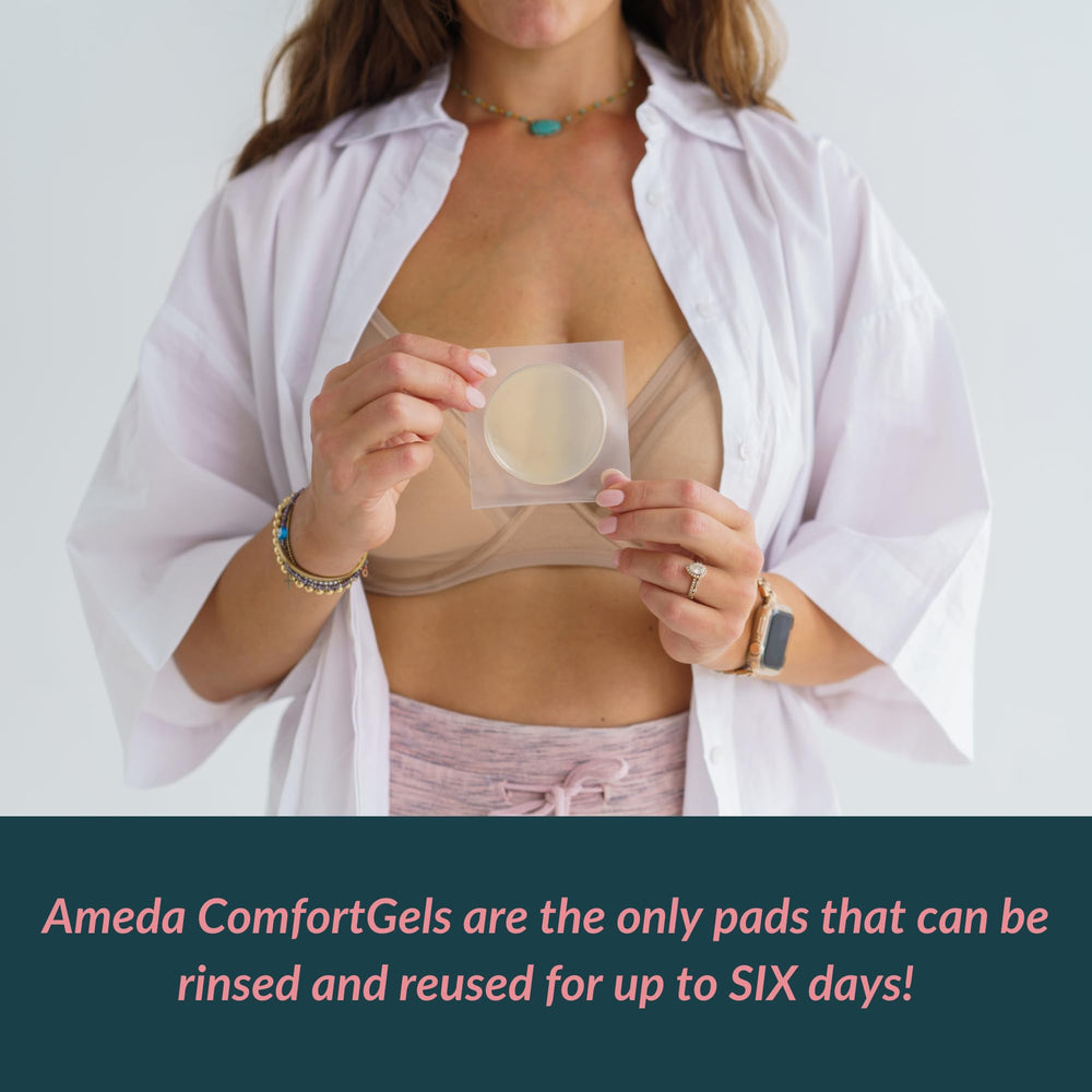 Ameda ComfortGel pads inside a bra demonstrate discreet fit for nursing comfort.