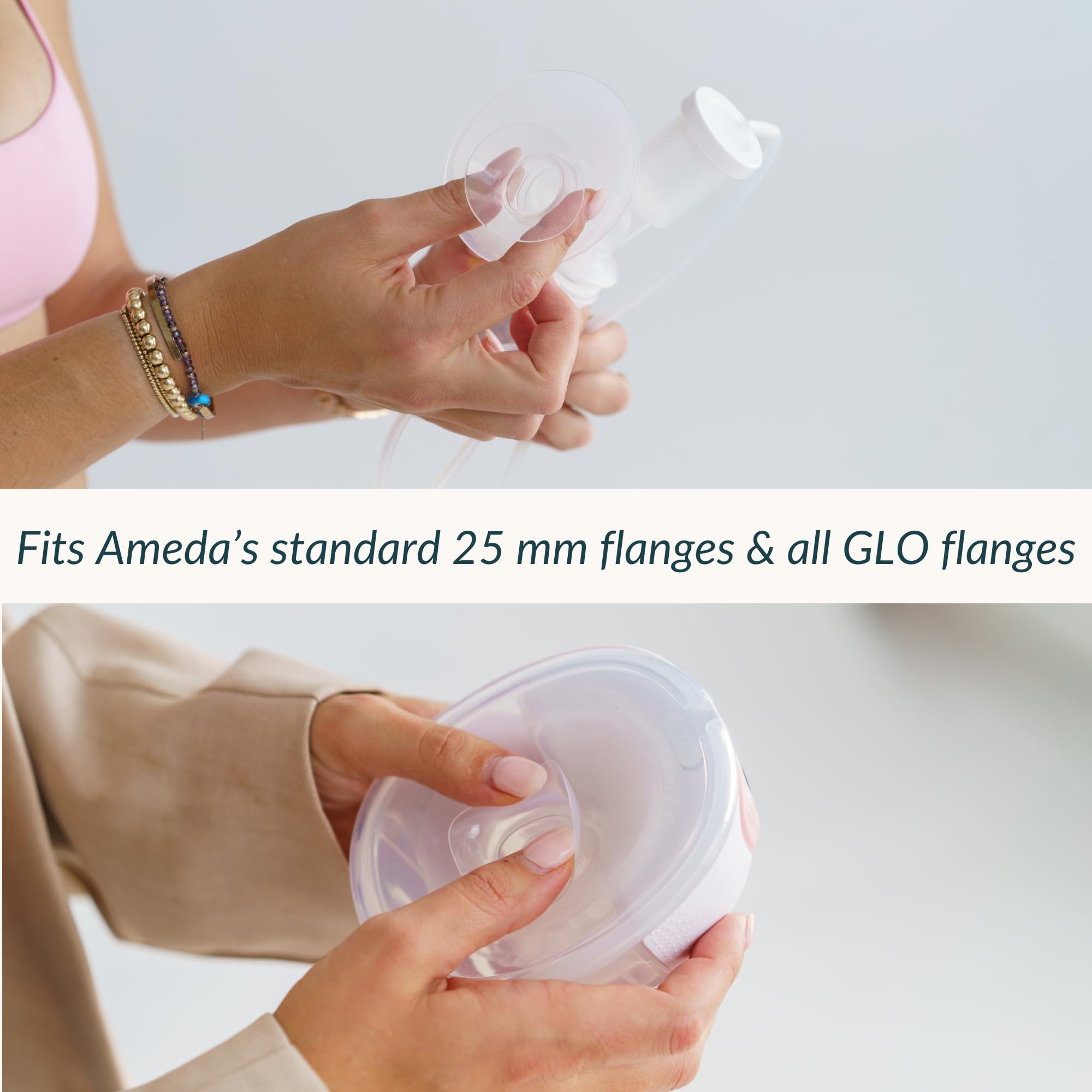 Ameda GLO wearable compatibility 15mm insert shown ready for flexible pumping sessions.