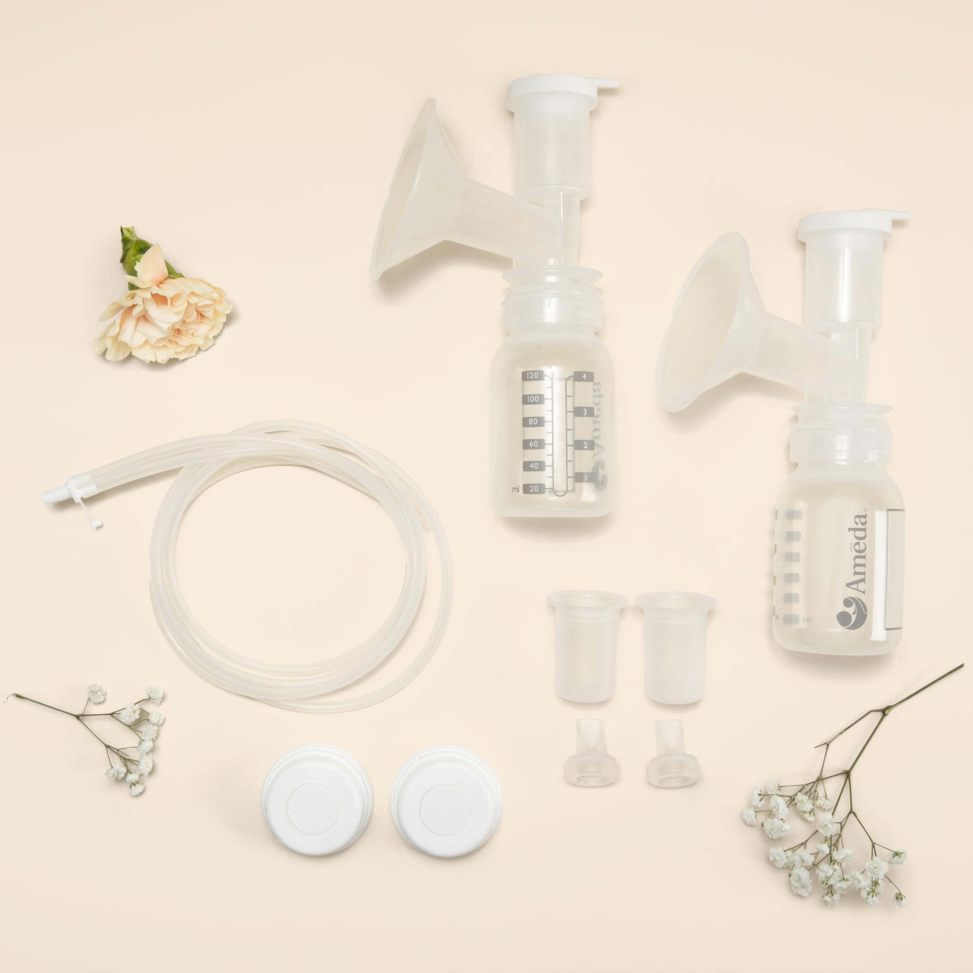 Ameda HygieniKit components with valves and tubing for easy cleaning.
