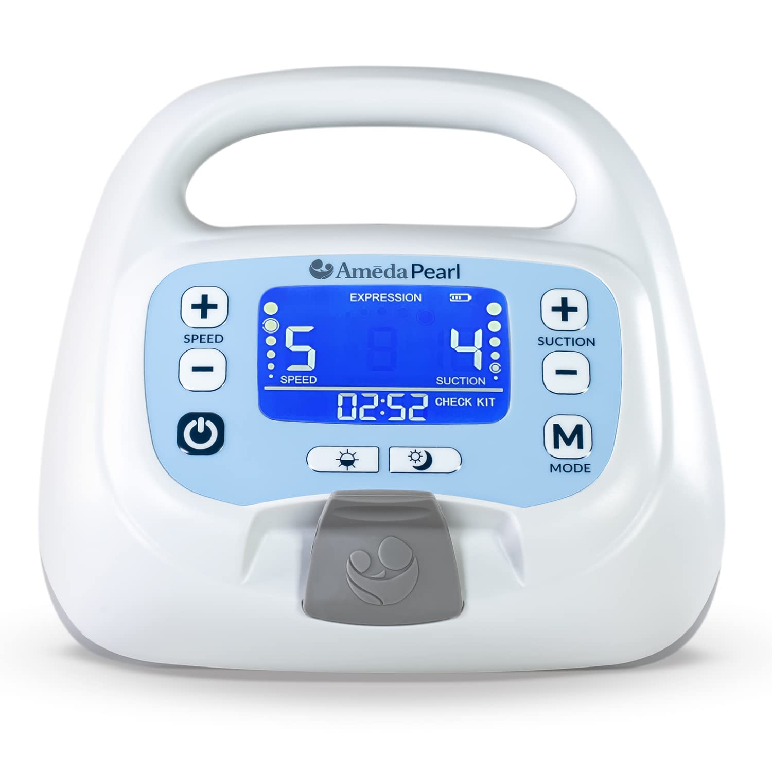 Ameda Pearl pump front view showing compact hospital-grade design and ease of pumping