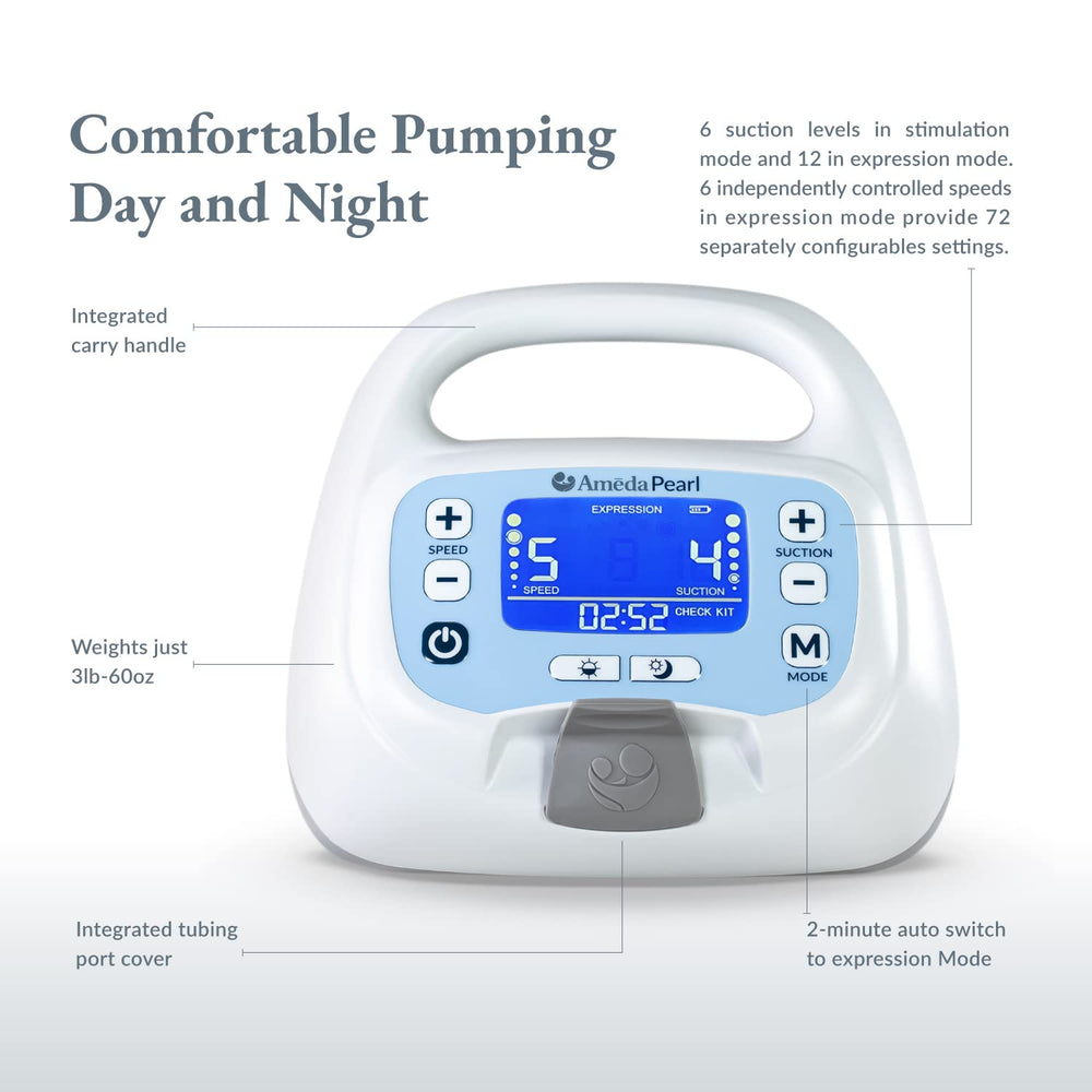 Ameda Pearl pump side view highlighting adjustable suction levels for comfort
