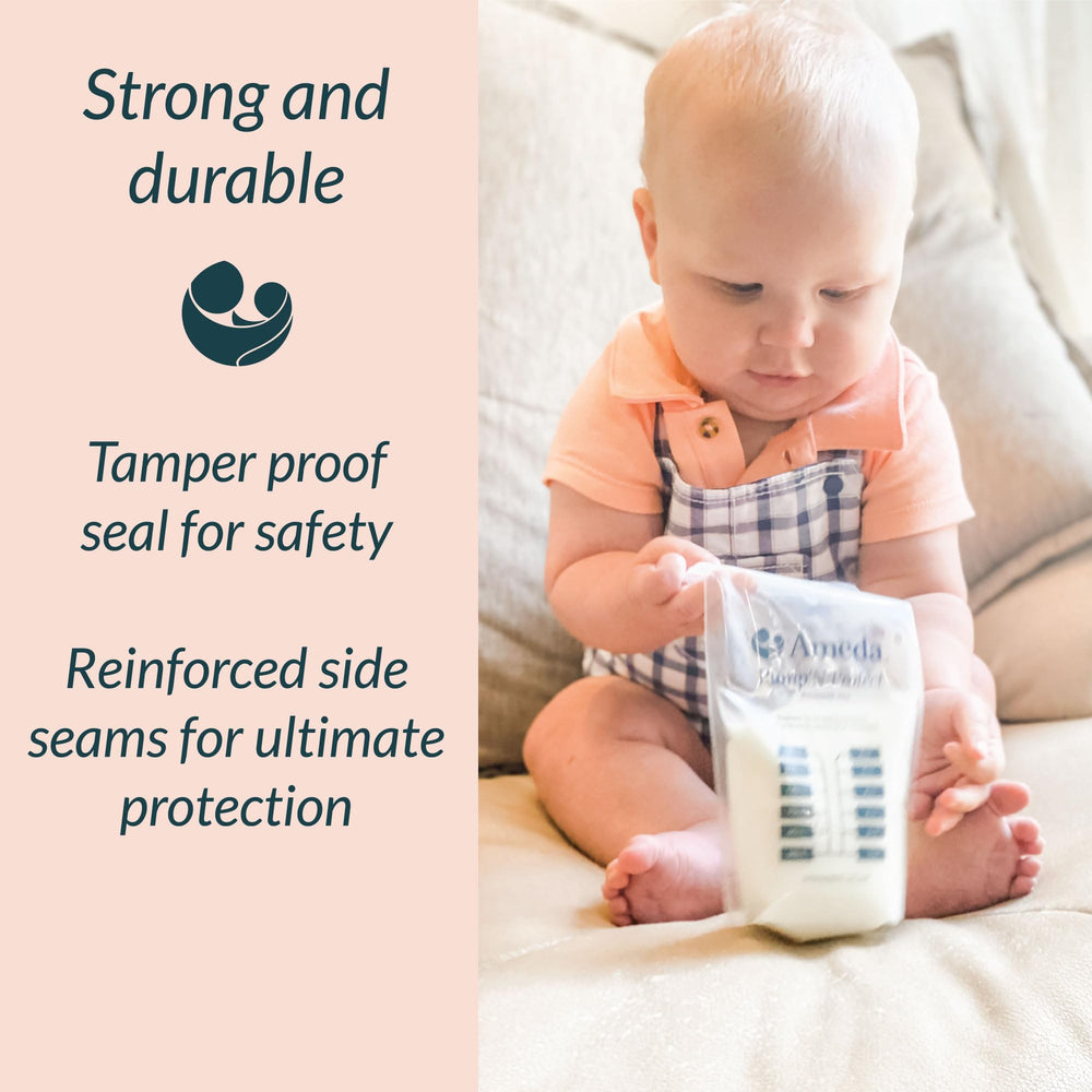 Ameda Pump'N Protect bags with a double zip seal for leak protection.