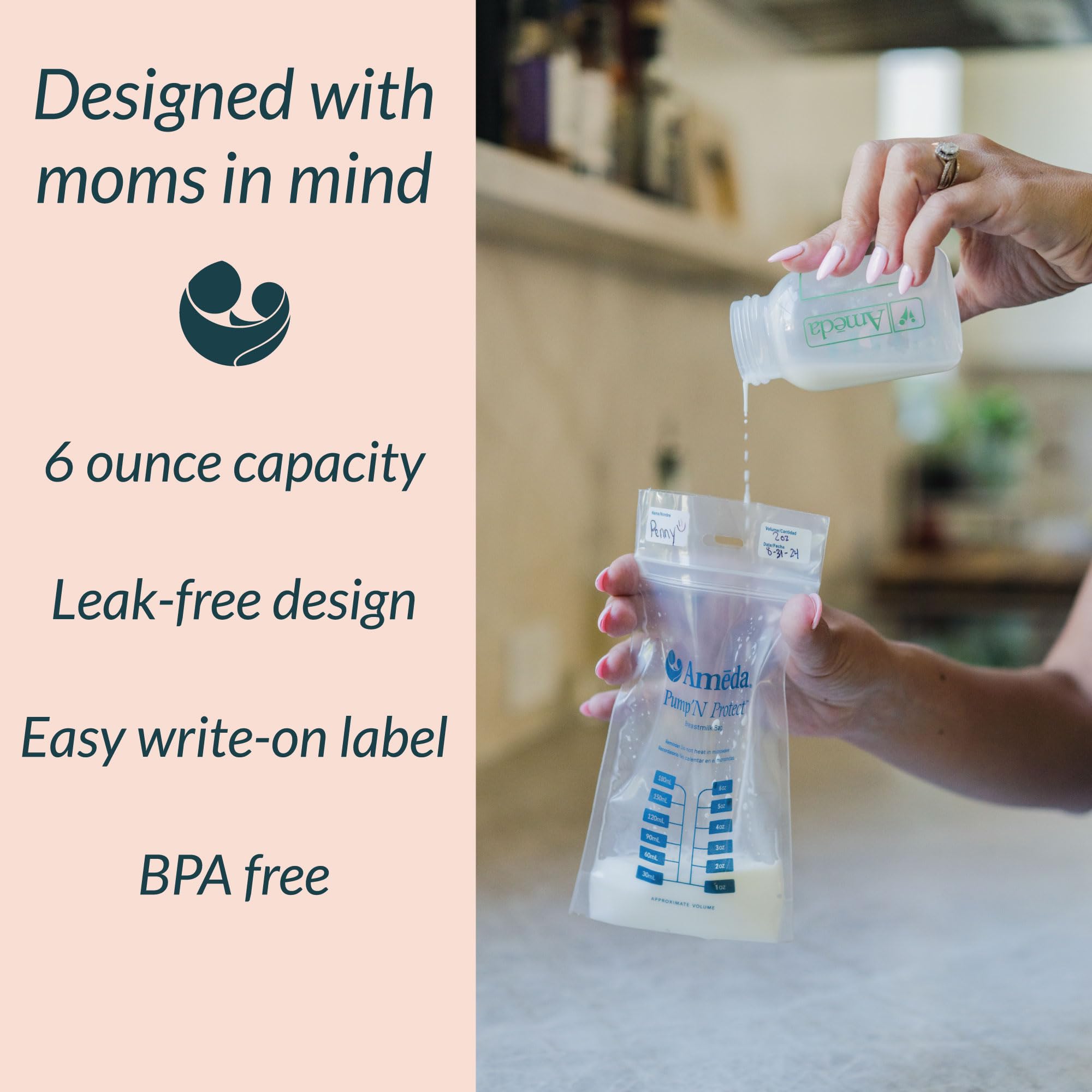 Ameda Pump'N Protect bags stored upright in a freezer or fridge for organized access.