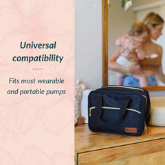 Ameda bag with multiple pouches organizes pumping gear, bottles, and personal items.