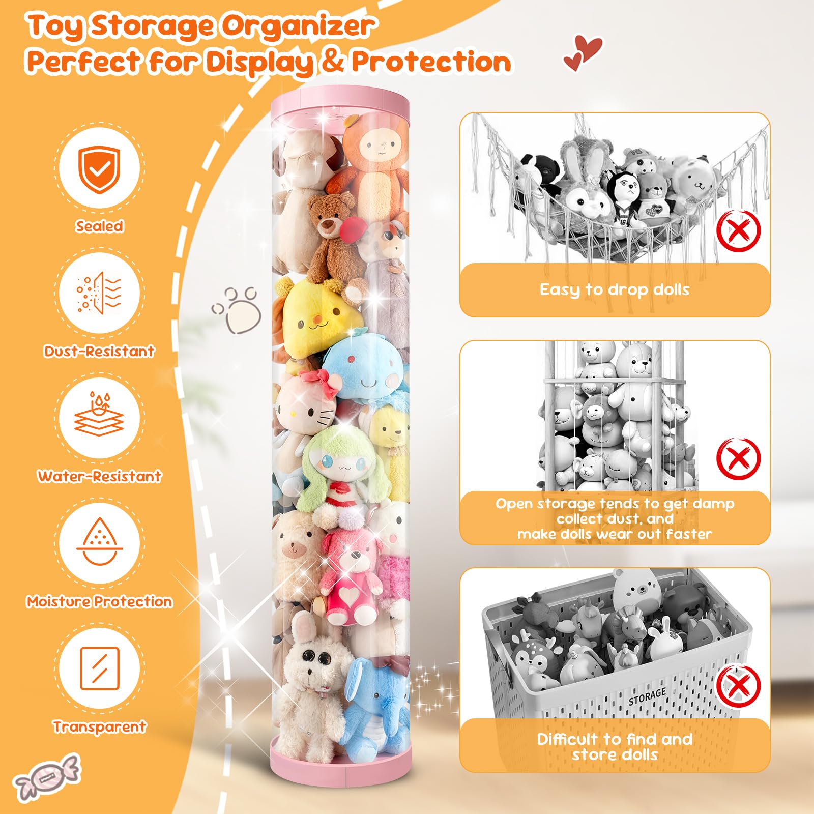 AMGAMGTS clear tube showcases plush collection with decorative display.