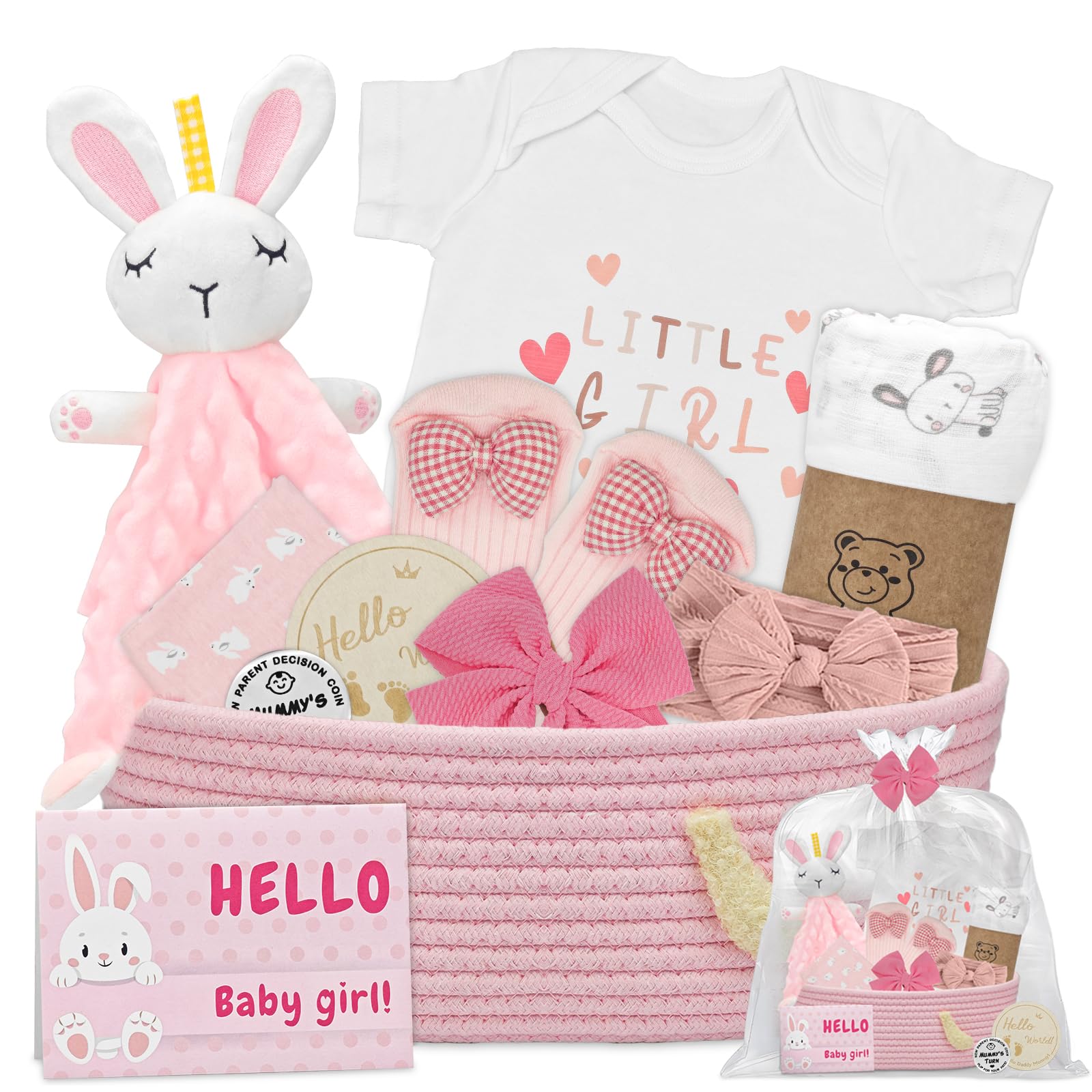 Amgkonp baby girl gift basket front view, perfect newborn gift.