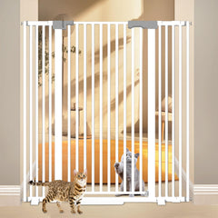 Amibud 51inch cat gate in white provides tall doorway containment to prevent climbs.