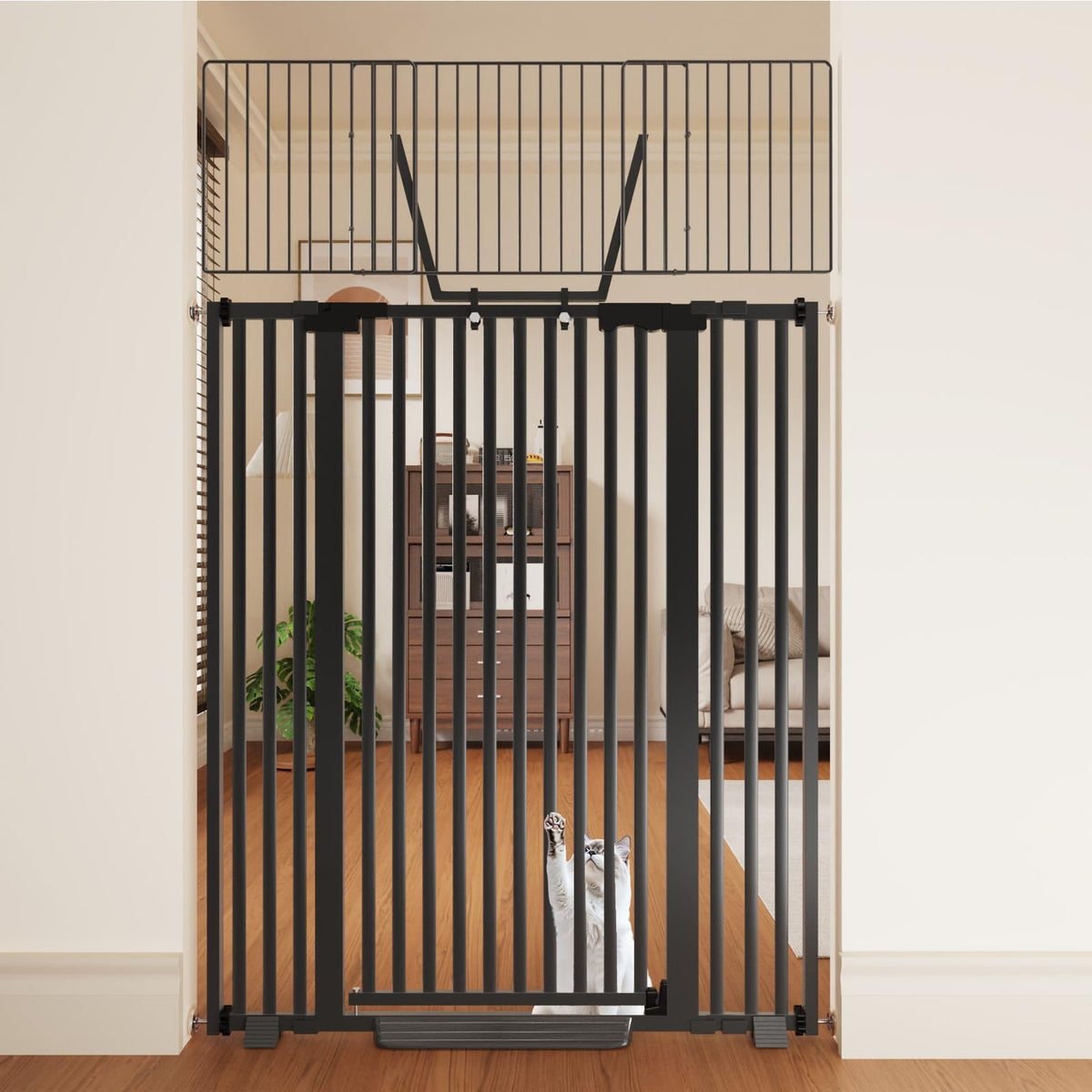Amibud 67-inch cat gate height closeup shows extra-tall barrier for pet control.