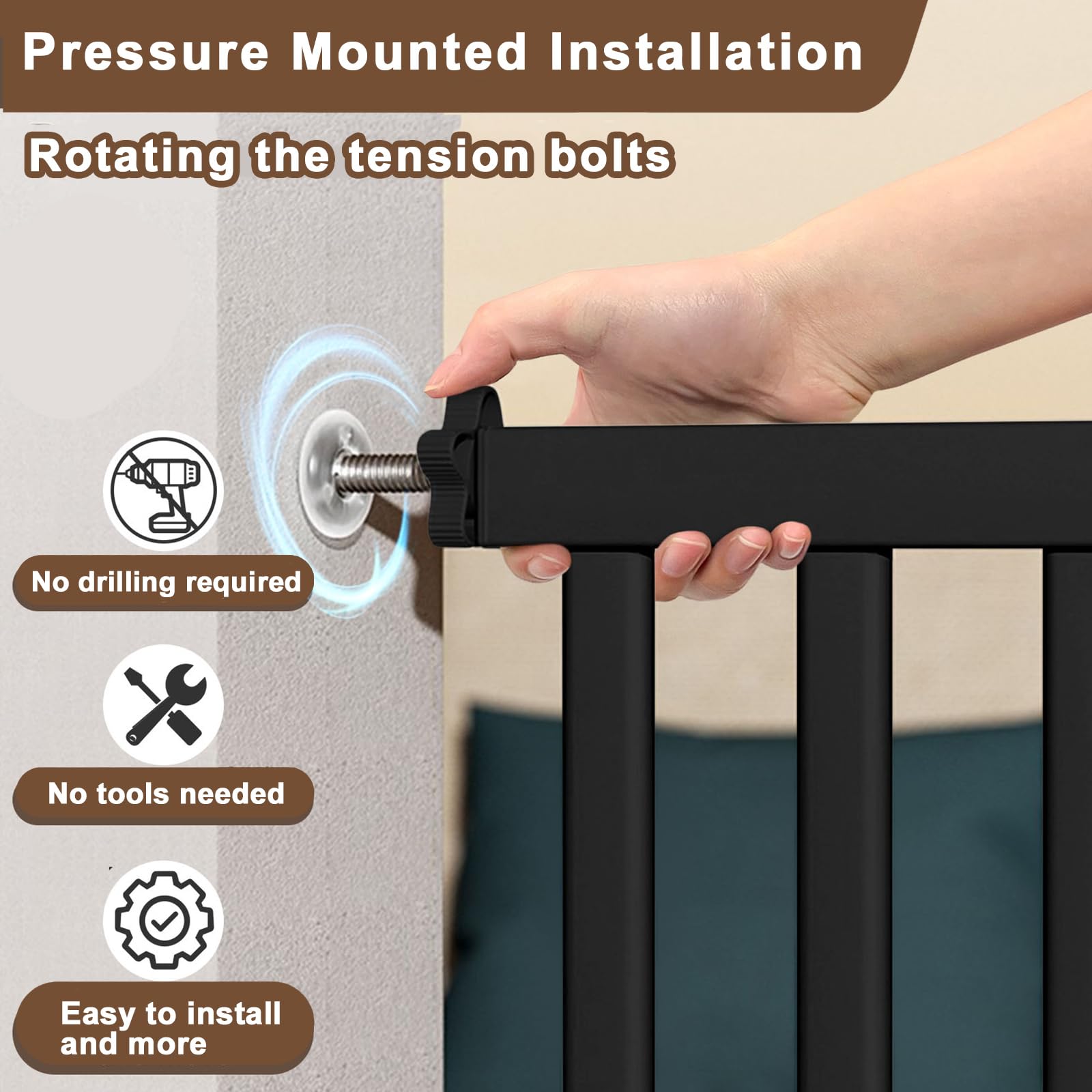 Amibud durable metal construction highlights long-lasting gate for kids and pets.