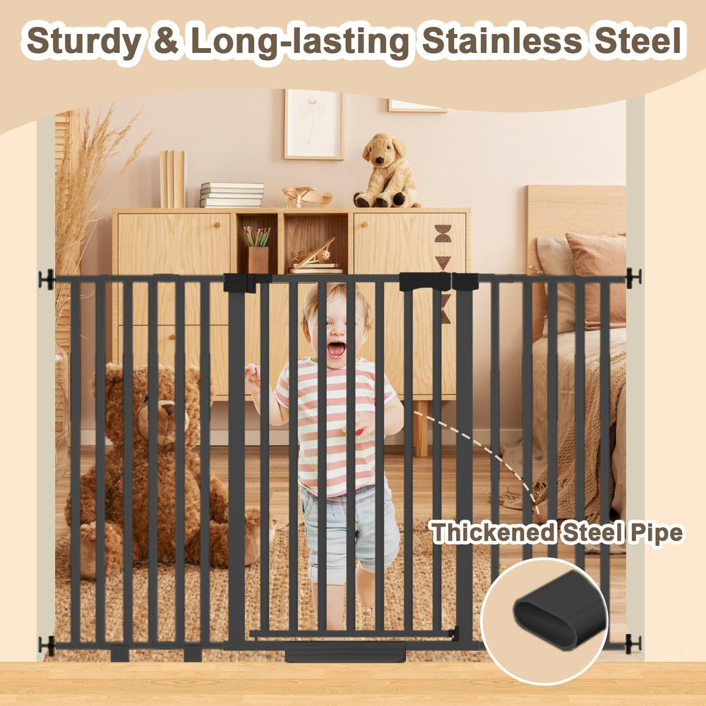 Amibud Extra Wide Baby Gate on stairs showing safe passage and quick setup.