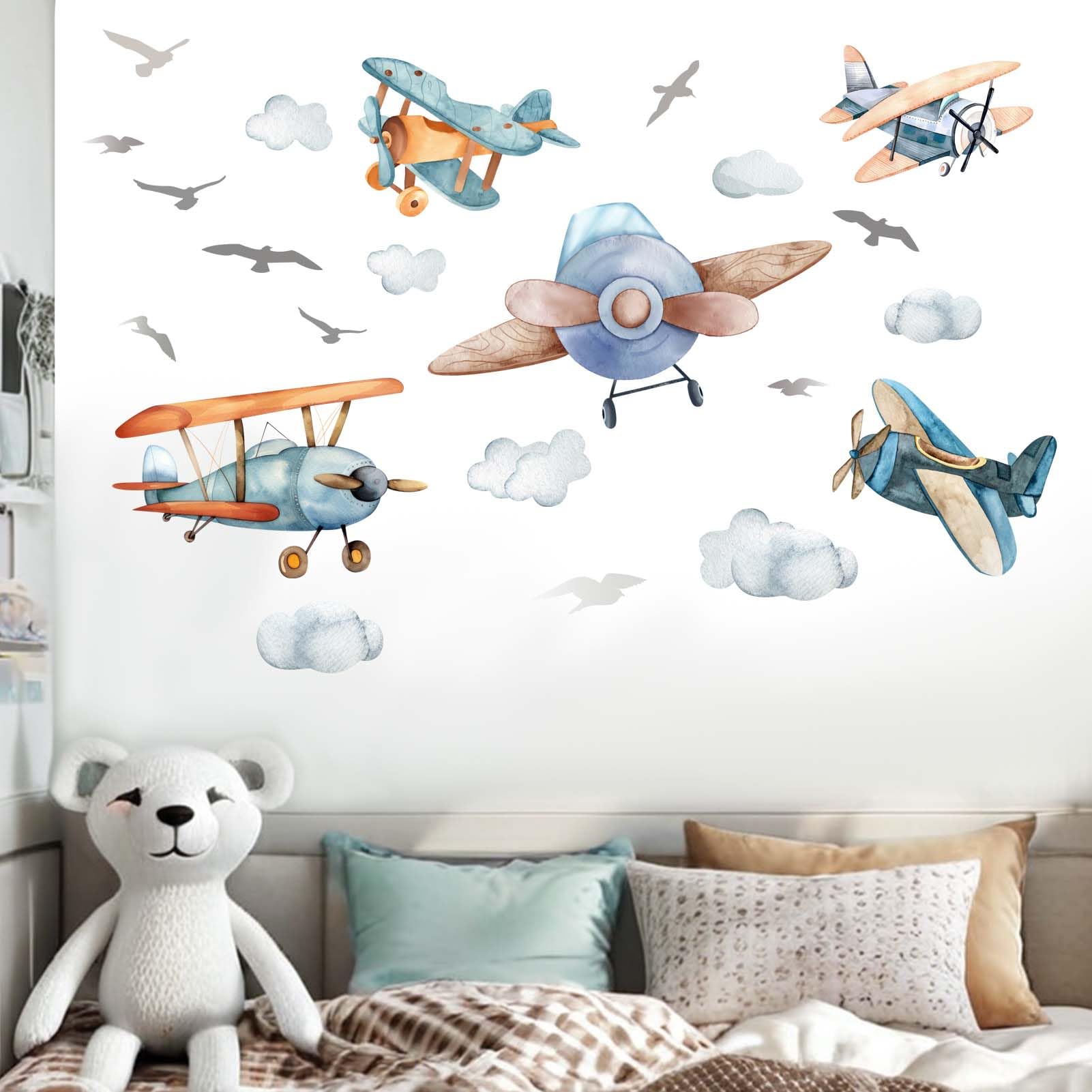 Amimagen airplane wall stickers showcase dynamic planes for engaging playroom decor.