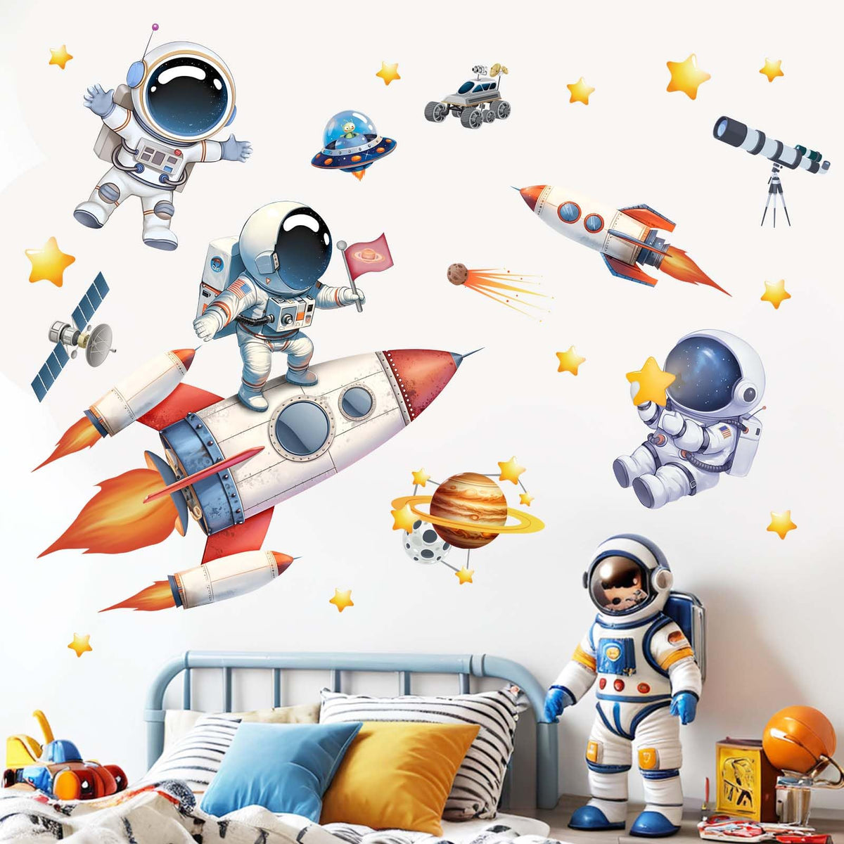 Amimagen astronaut wall decals with planets and rocket for engaging kids room decor.
