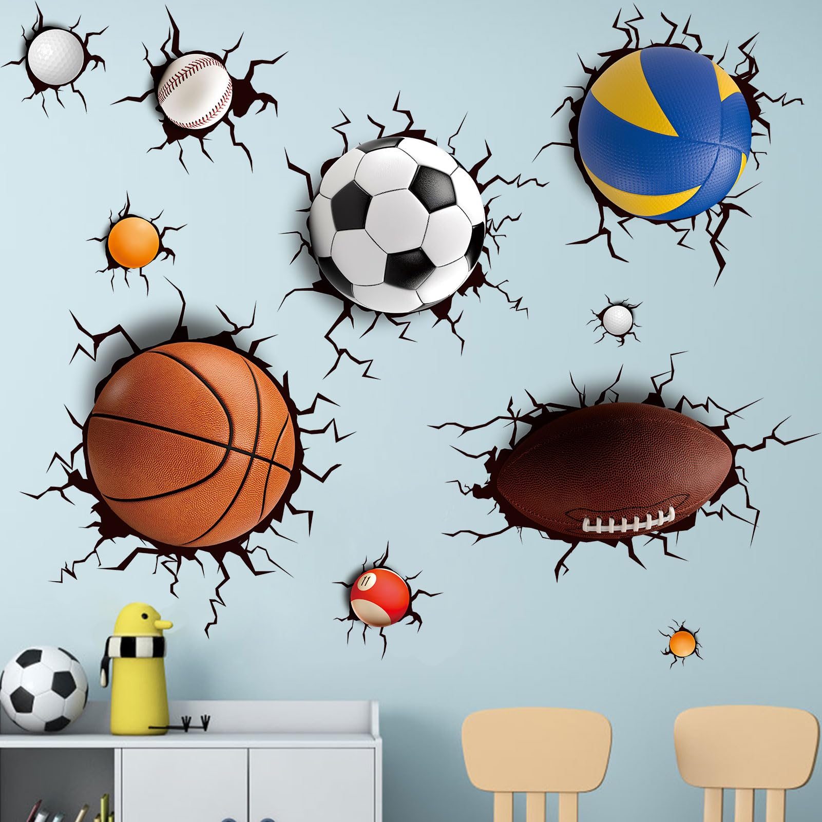 Amimagen basketball wall sticker setup adds bold color to kids' space for active play.