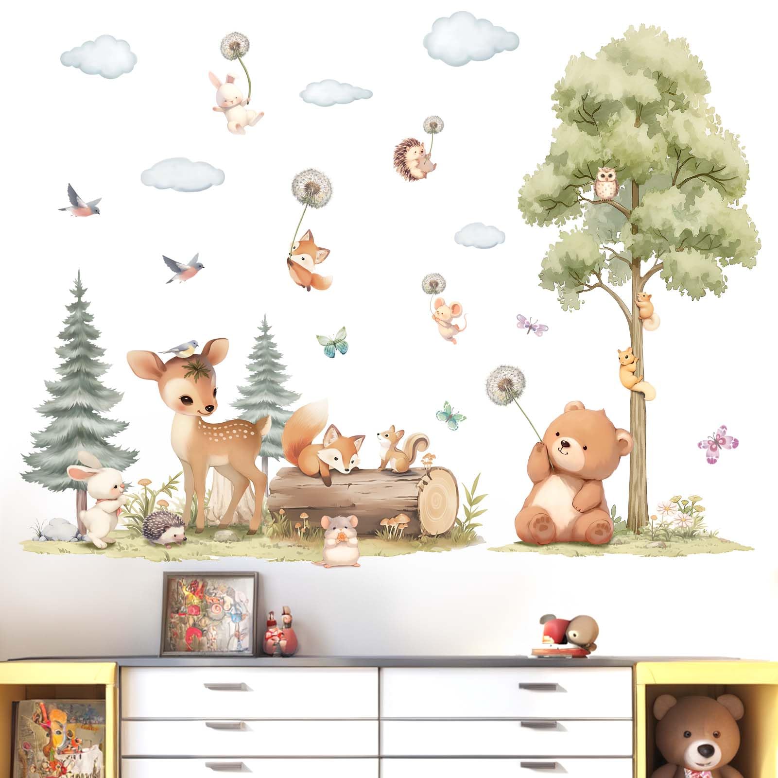 Amimagen bear-fox-deer wall stickers showcase durable, waterproof decor for kids' rooms.